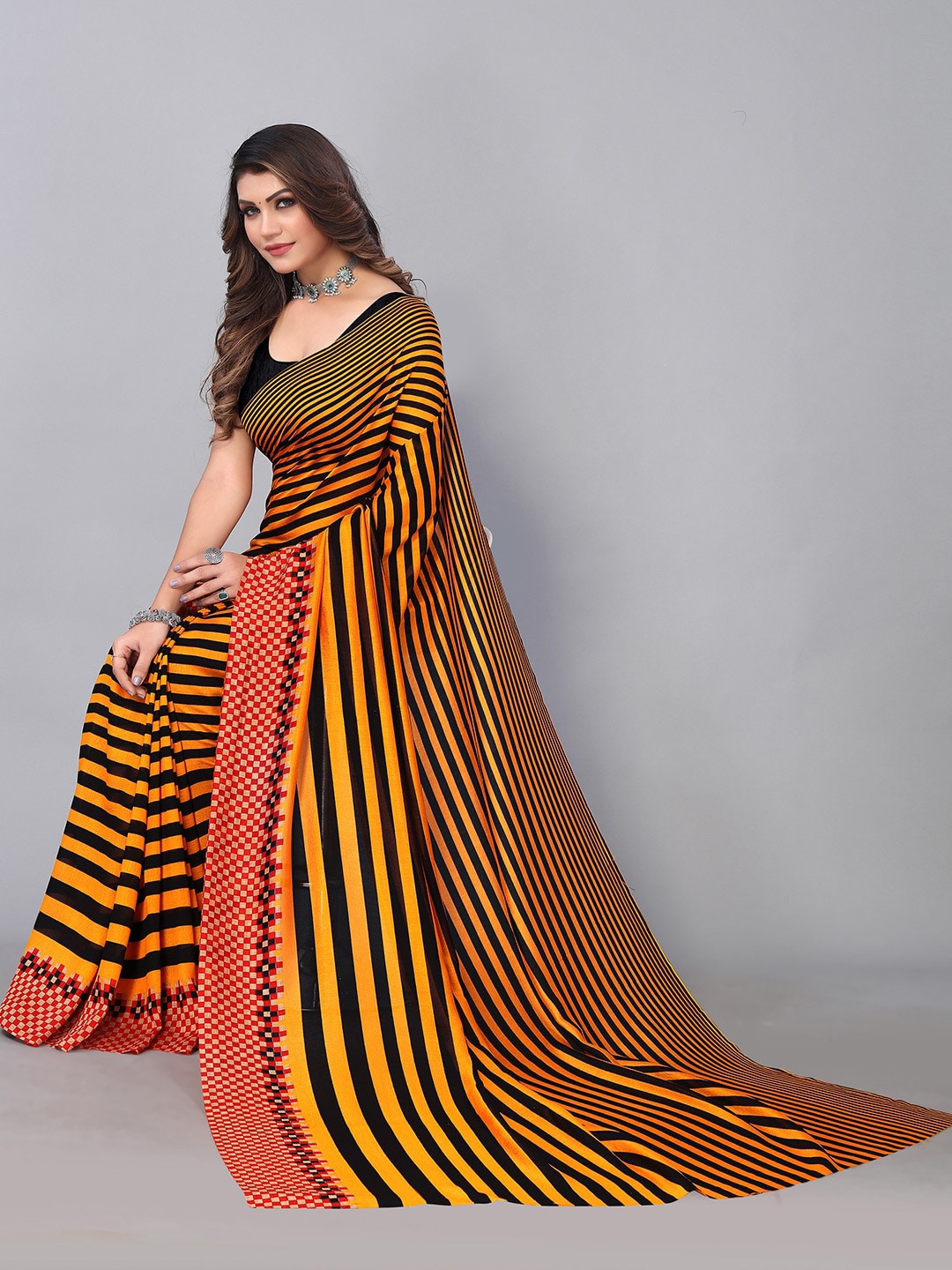 

Shaily Striped Saree, Orange
