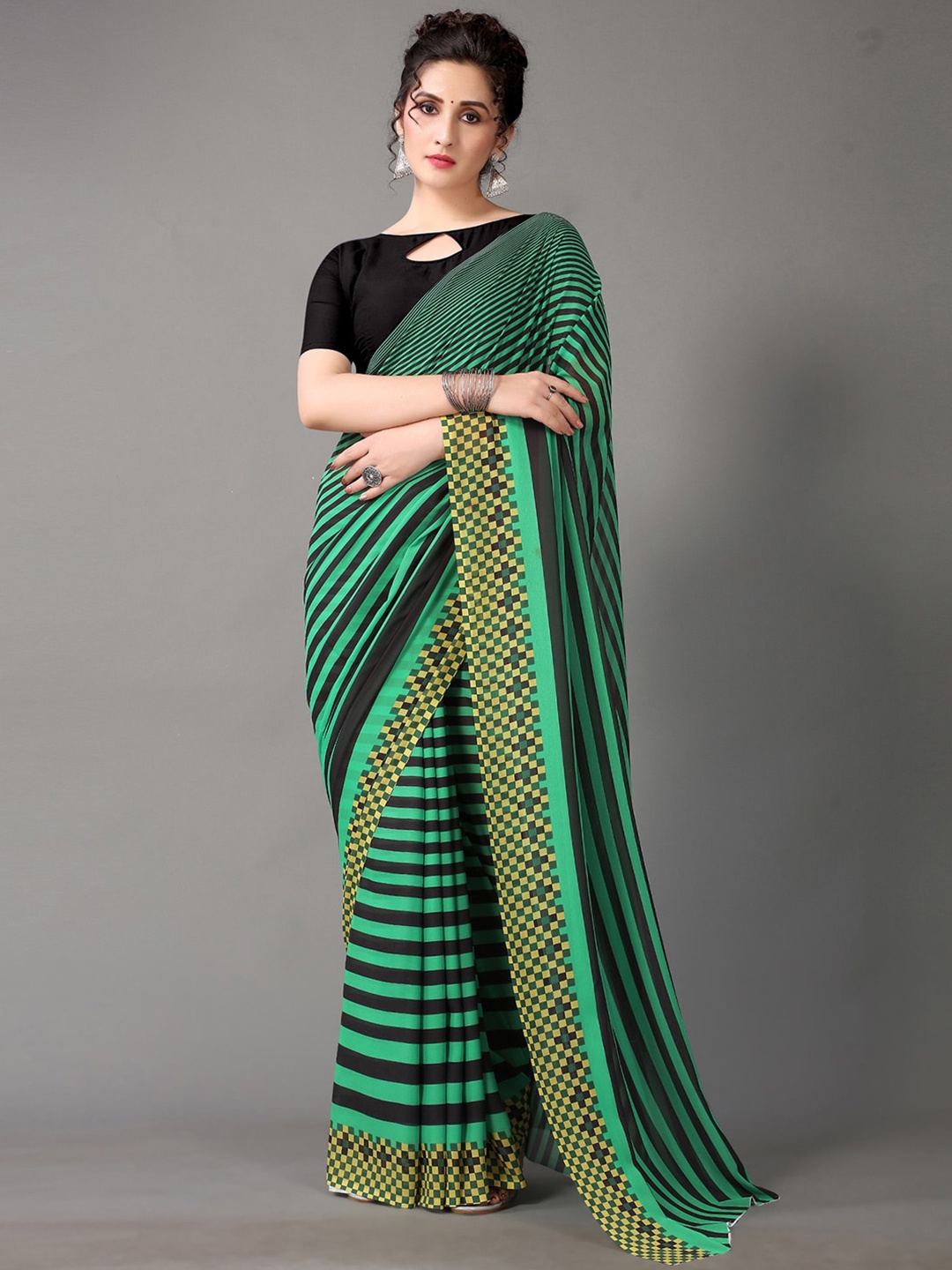 

Shaily Green Striped Printed Saree