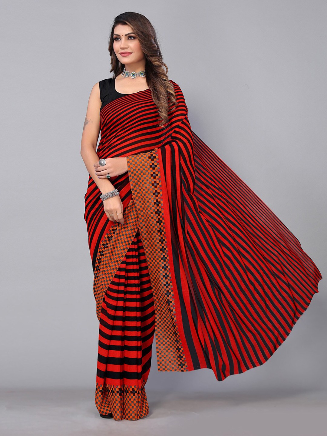 

Shaily Striped Saree, Red