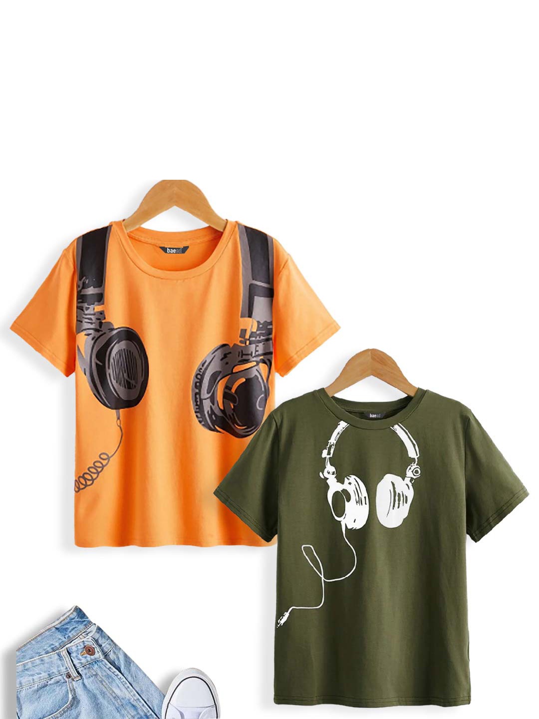 

BAESD Boys Pack of 2 Printed Pure Cotton Tshirt, Olive