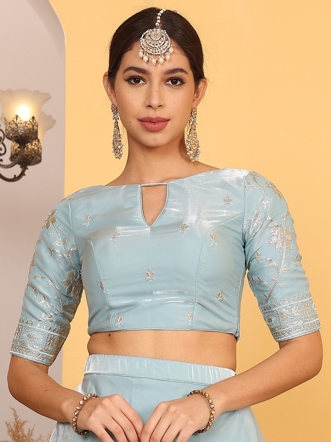 

Ethnovog Silk Embroidered Saree Blouse, Sea green
