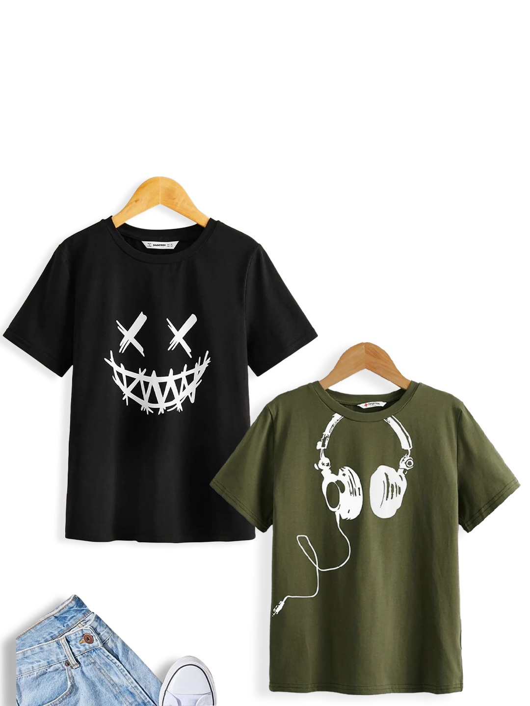 

BAESD Boys Pack of 2 Printed Pure Cotton Tshirt, Black