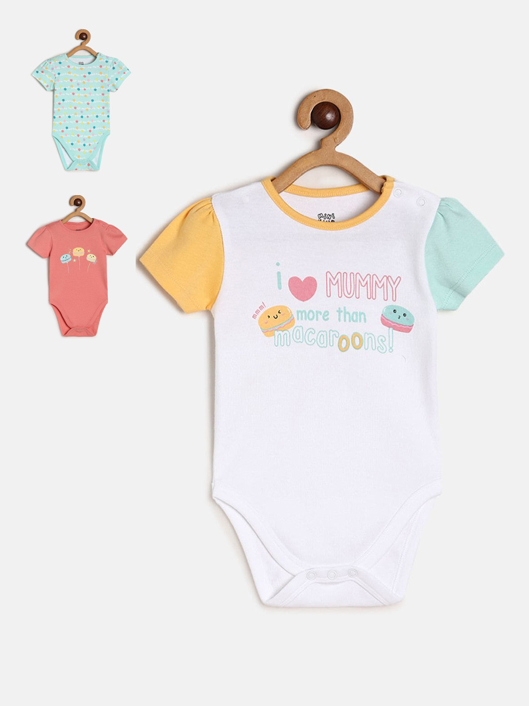 

MINI KLUB Infant Girls Pack Of 3 Printed Cotton Bodysuit, Peach