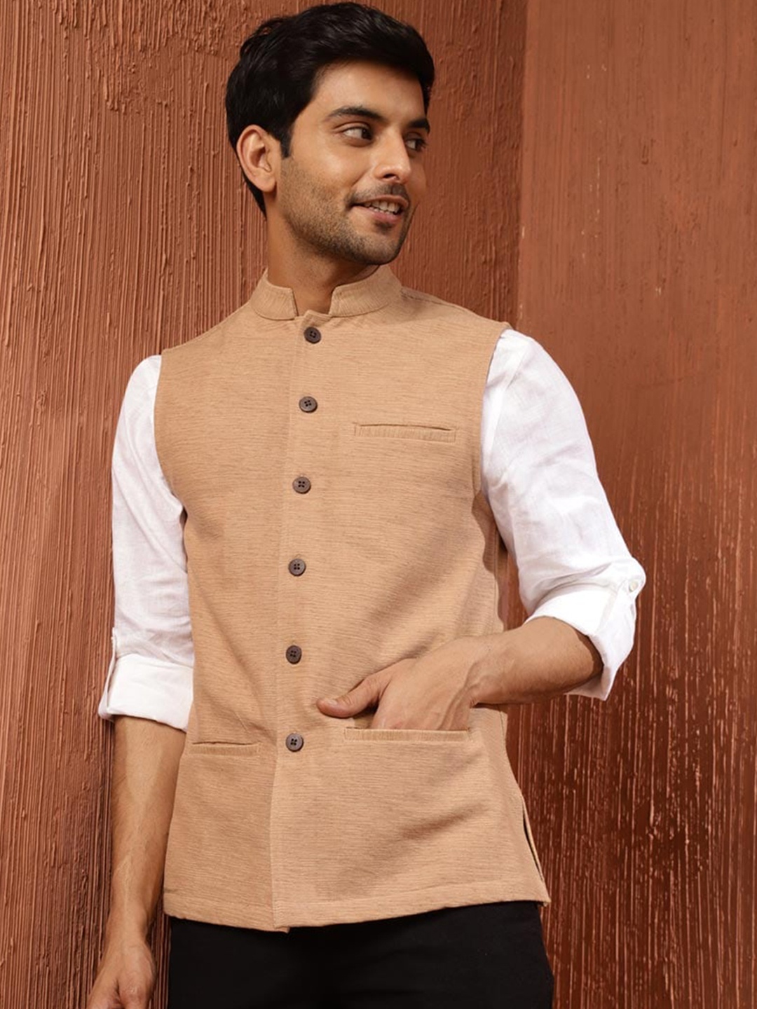 

Fabindia Pure Cotton Sleeveless Nehru Jacket, Beige