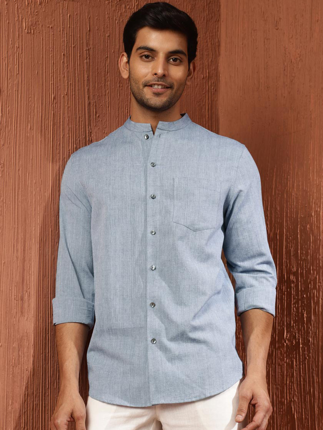 

Fabindia Slim Fit Mandarin Collar Cotton Casual Shirt, Blue