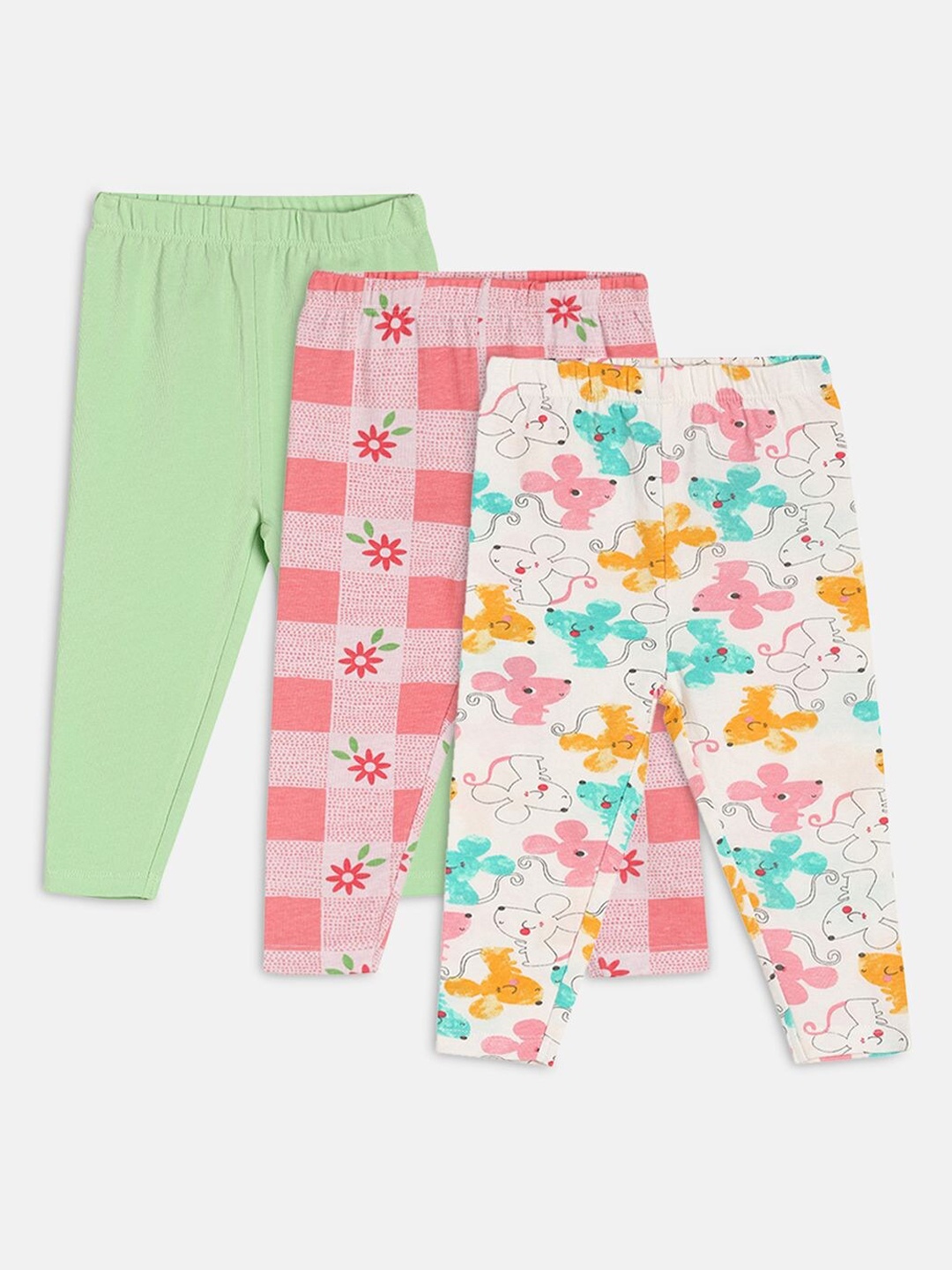 

MINI KLUB Infant Girls Pack Of 3 Printed Churidar Length Leggings, Green