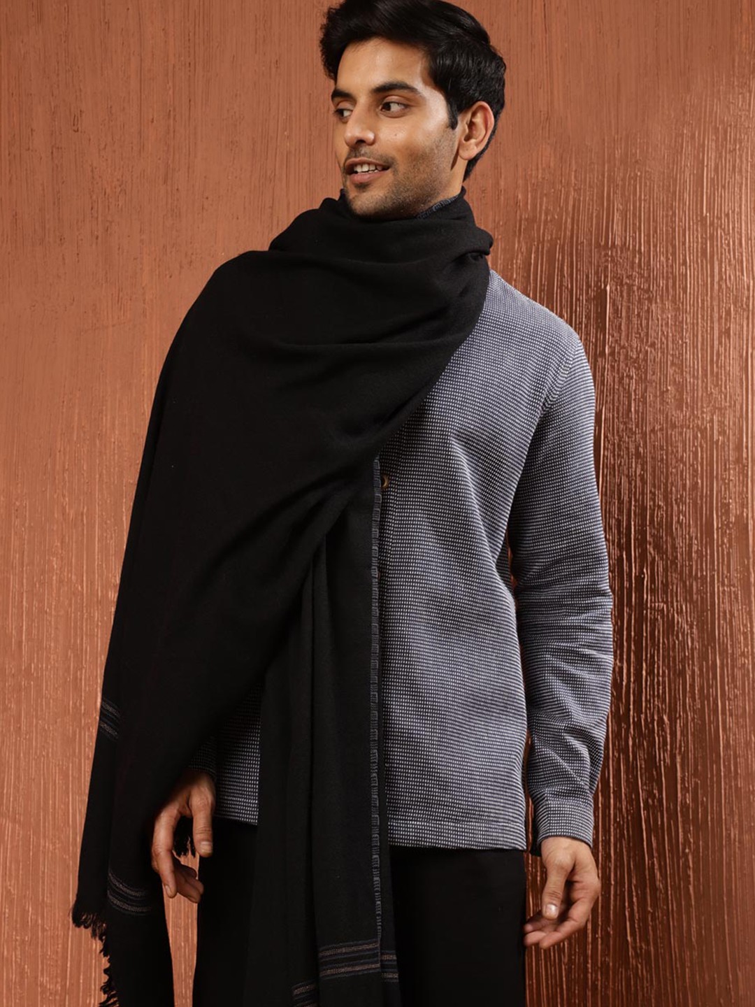 

Fabindia Woven Design Woollen Shawl, Black