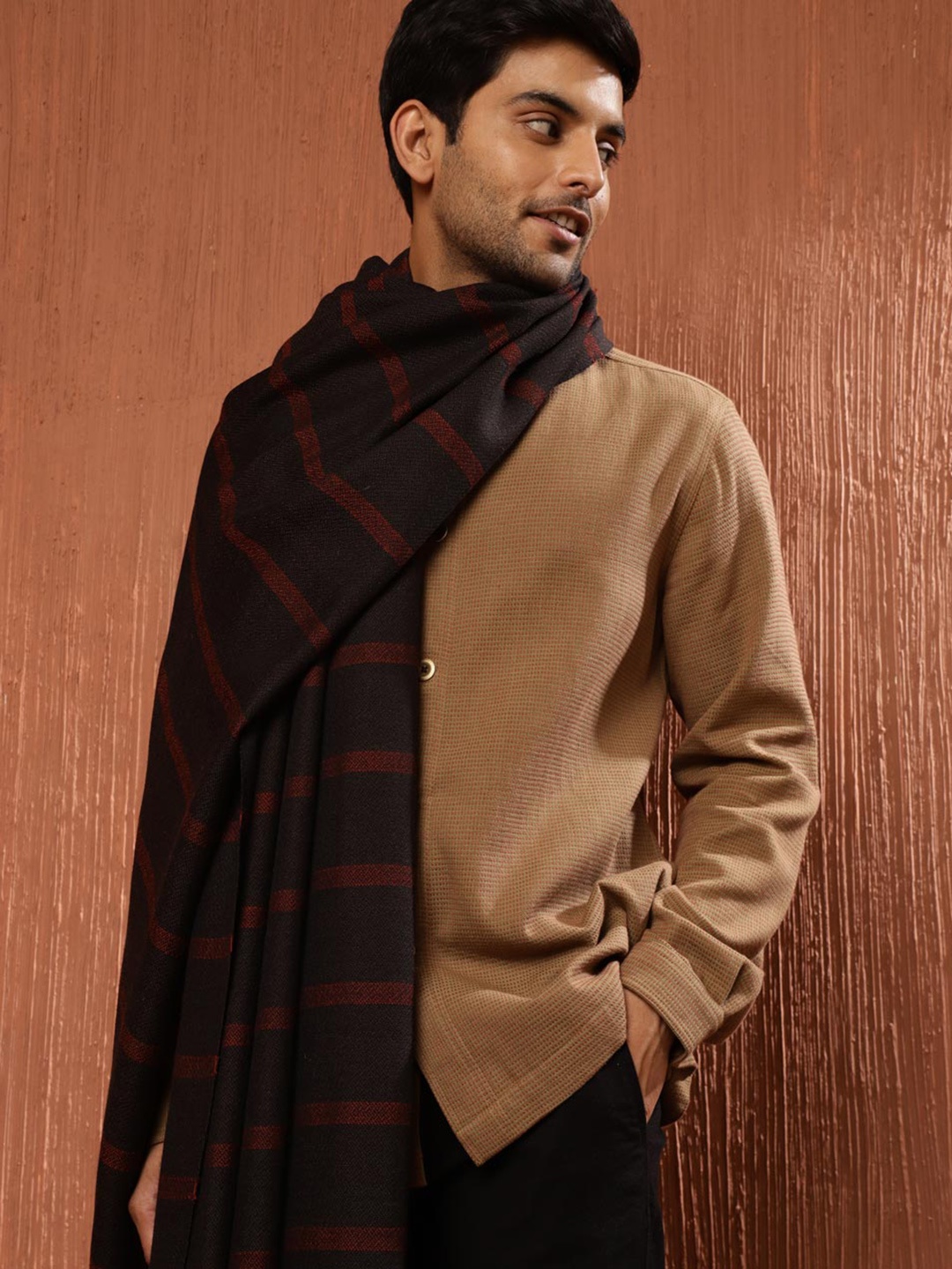 

Fabindia Striped Woven Design Woollen Shawl, Brown