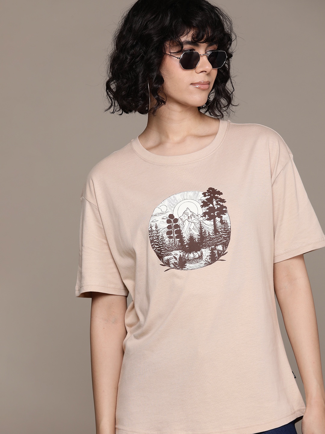 

The Roadster Lifestyle Co. Women Graphic Print Pure Cotton Longline T-shirt, Beige