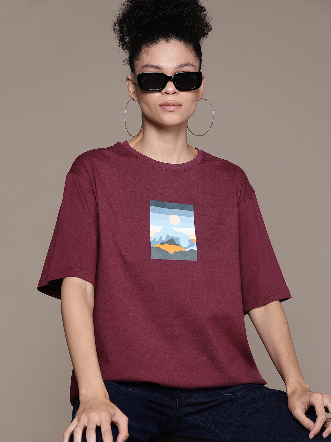 

The Roadster Lifestyle Co. Printed Oversized Pure Cotton T-shirt, Burgundy