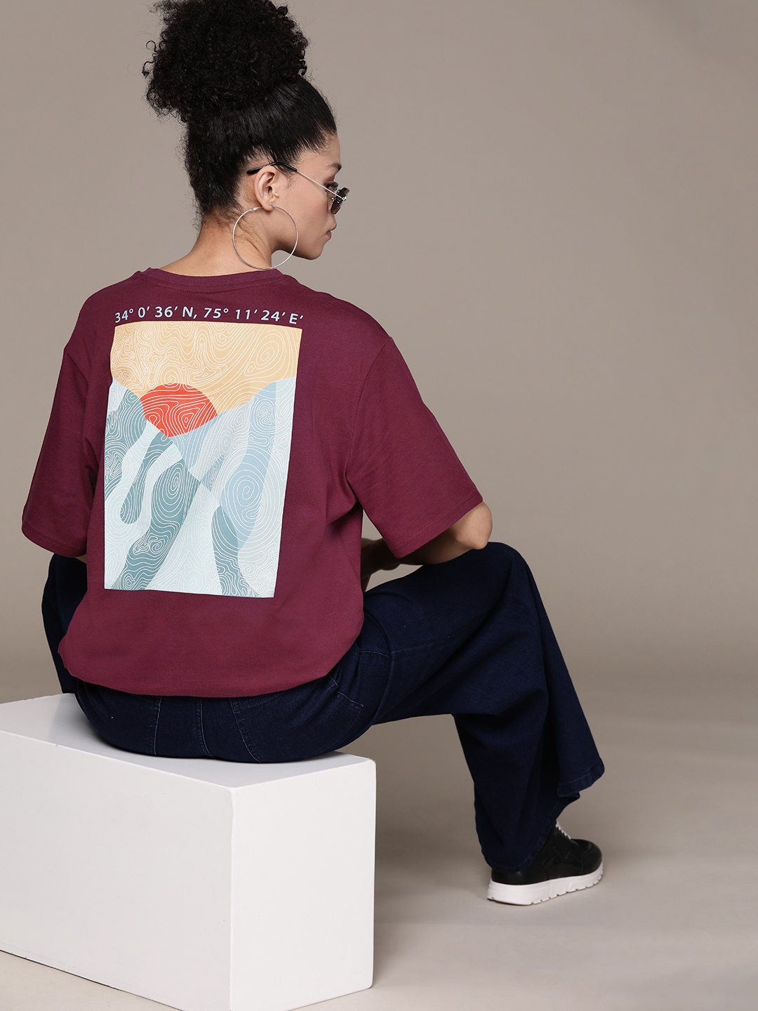 

The Roadster Lifestyle Co. Printed Oversize Pure Cotton T-shirt, Burgundy