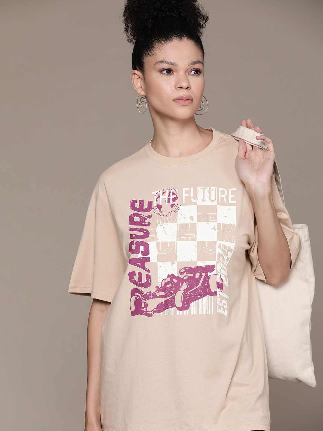 

The Roadster Lifestyle Co. Printed Oversized Pure Cotton T-shirt, Beige
