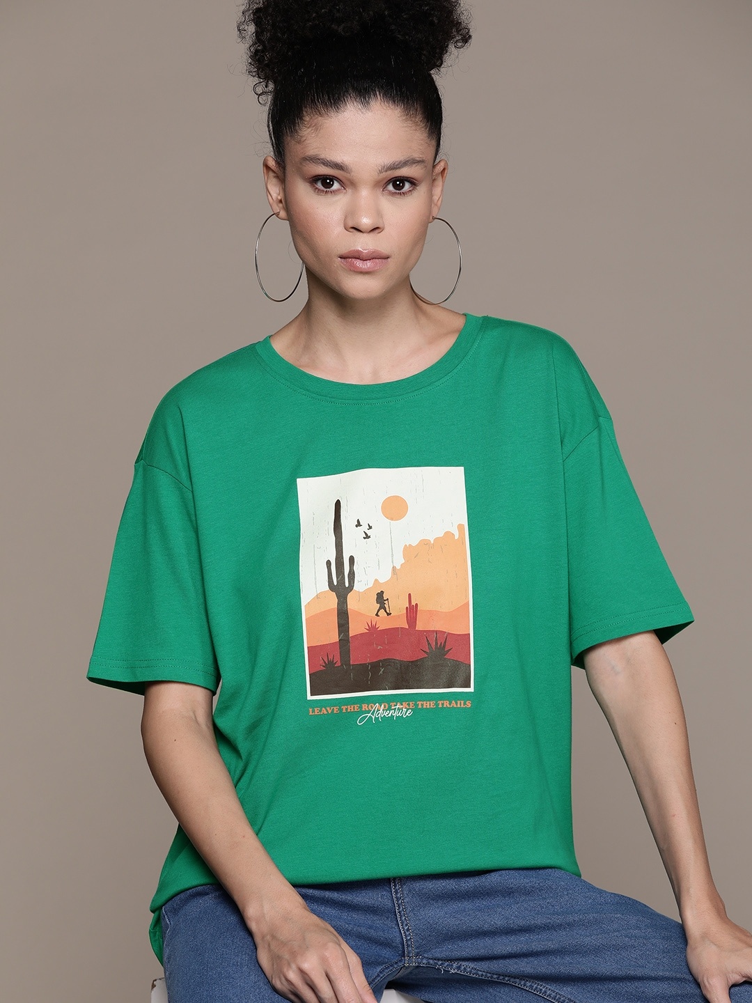 

The Roadster Lifestyle Co. Graphic Printed Drop-Shoulder Sleeves Pure Cotton T-shirt, Green