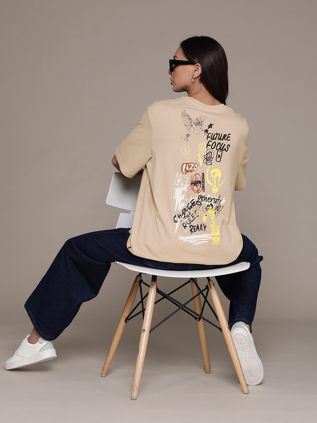 

The Roadster Lifestyle Co. Women Printed Pure Cotton Oversized Longline T-shirt, Beige