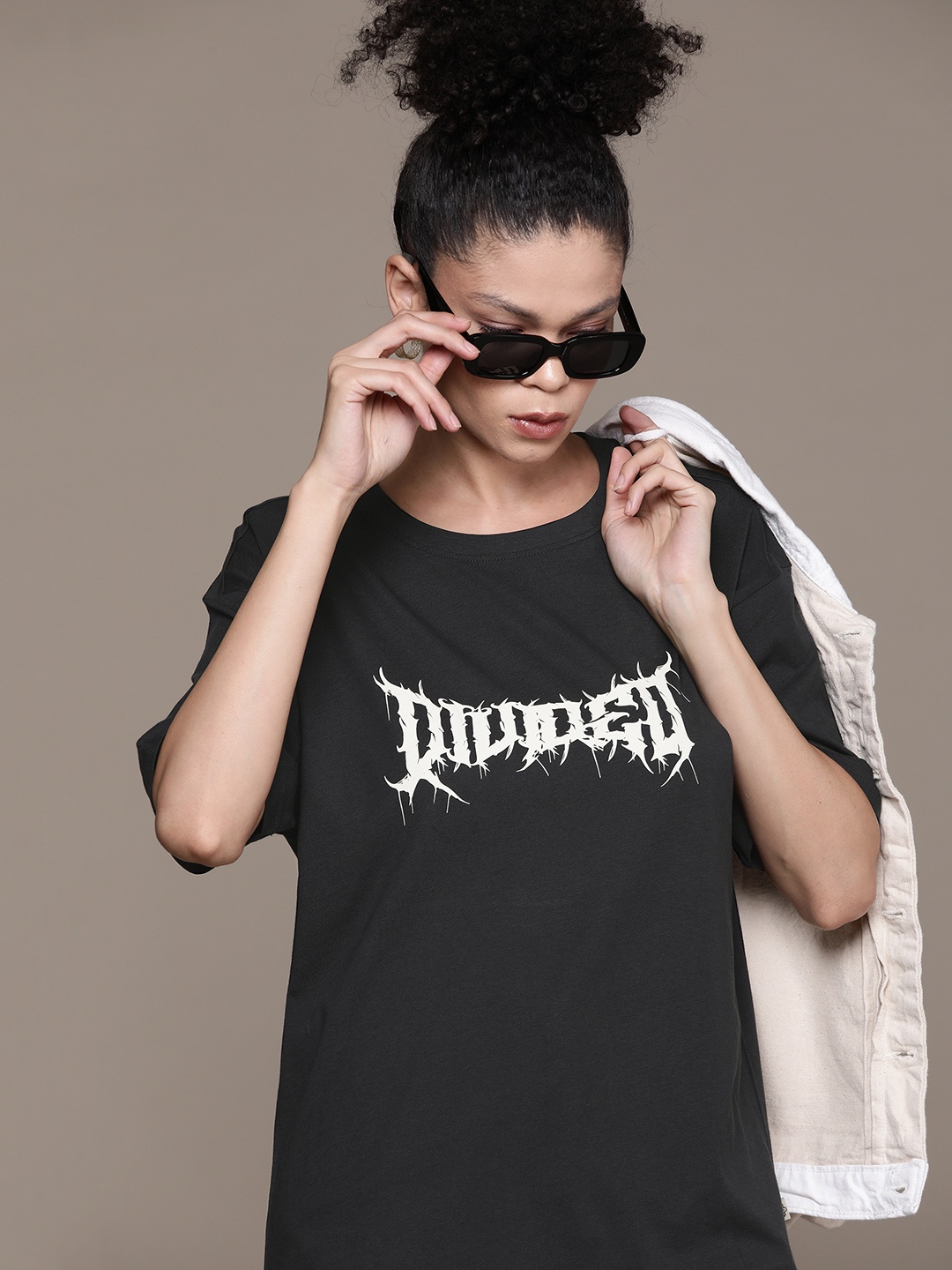 

The Roadster Lifestyle Co. Women Printed Pure Cotton Longline T-shirt, Black