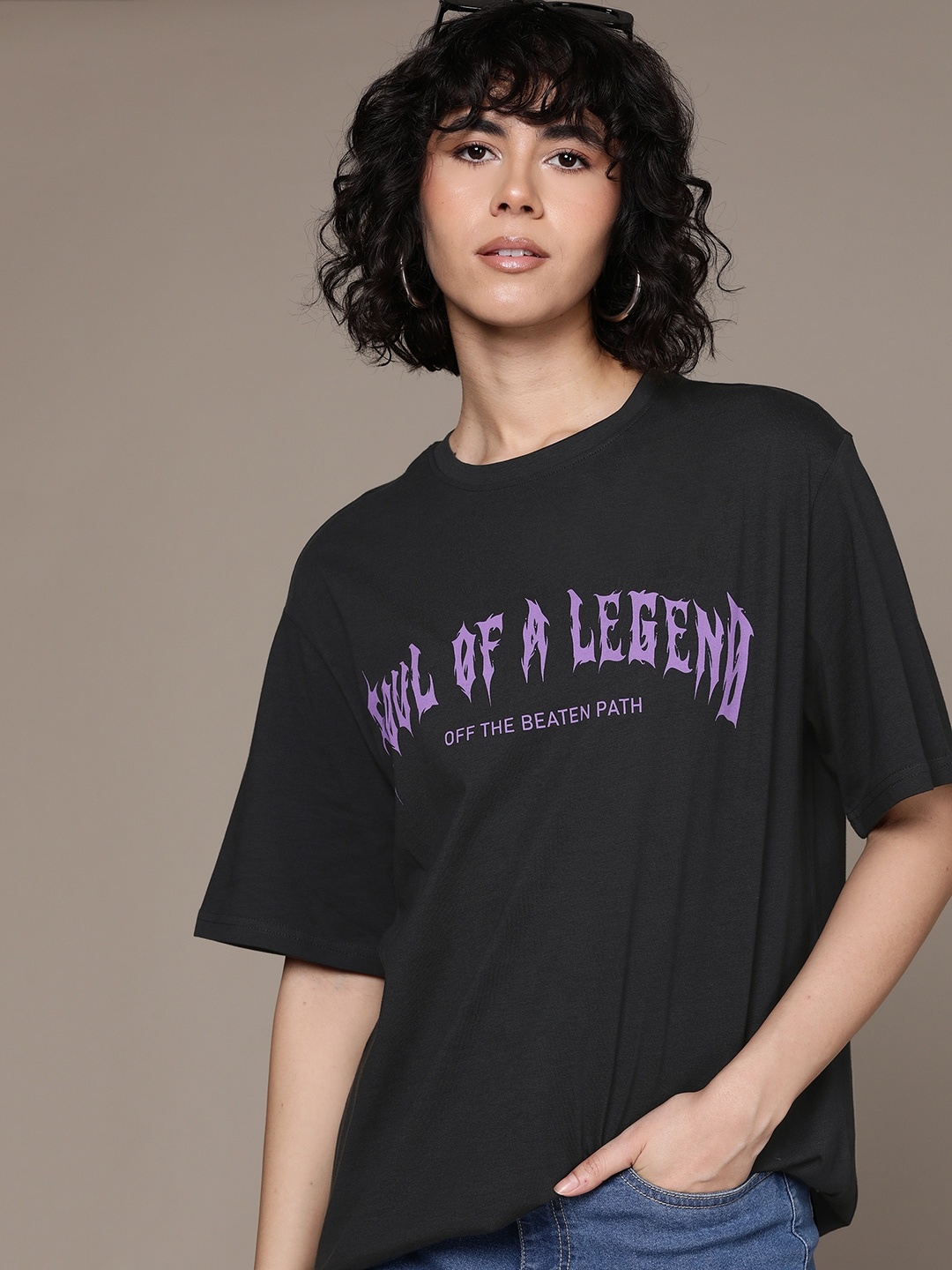 

The Roadster Lifestyle Co. Women Printed Pure Cotton Longline T-shirt, Black