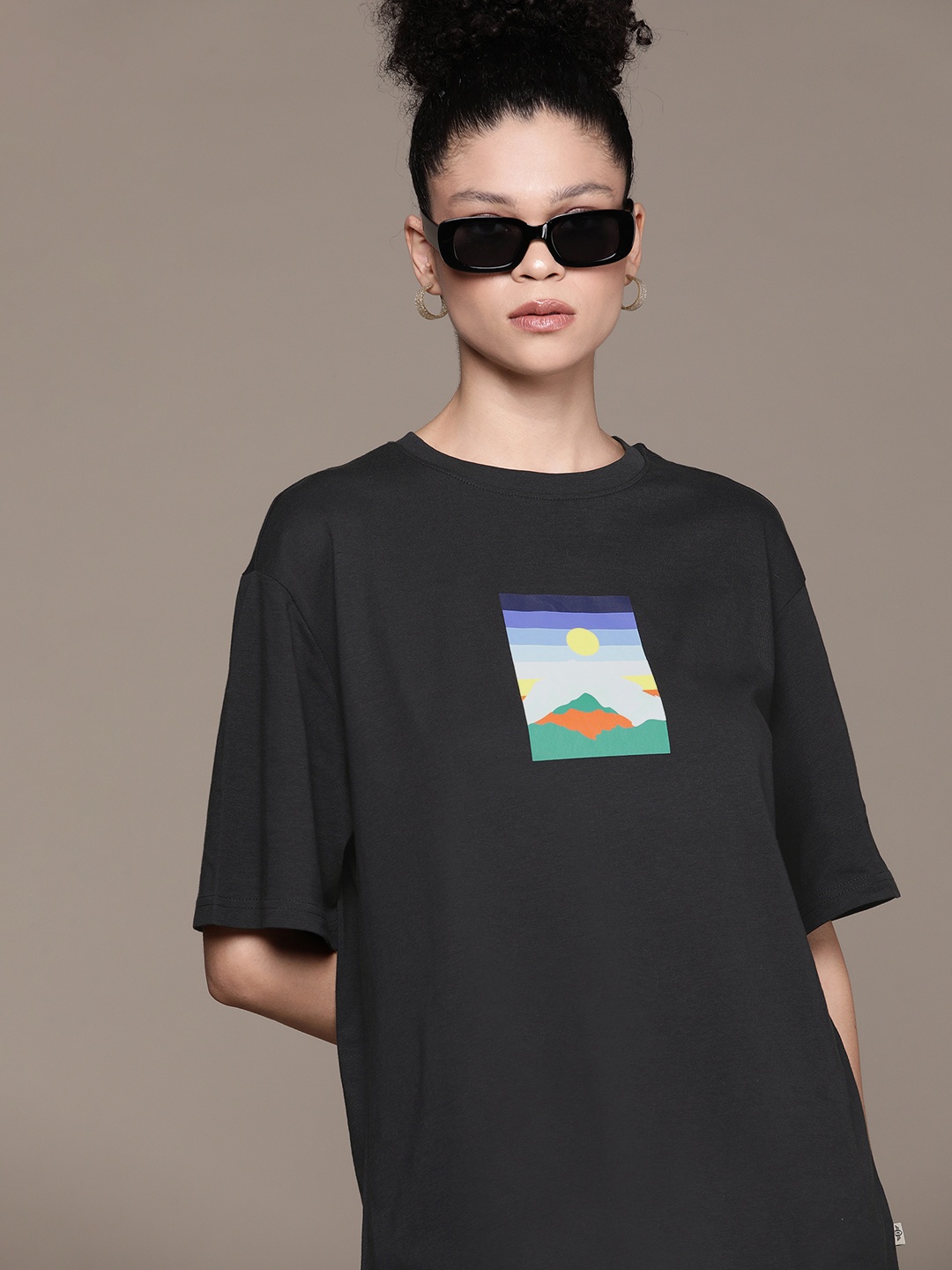 

The Roadster Lifestyle Co. Women Printed Pure Cotton Longline T-shirt, Black