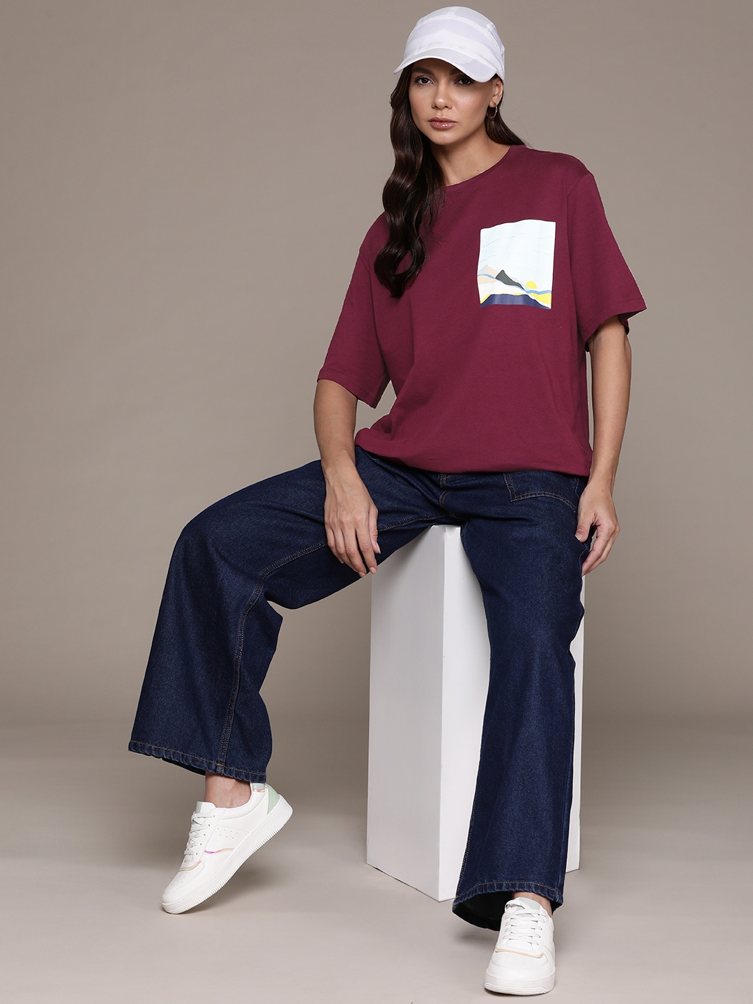 

The Roadster Lifestyle Co. Printed Detail Pure Cotton Oversized T-shirt, Maroon