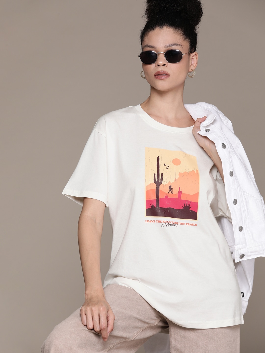 

The Roadster Lifestyle Co. Women Printed Pure Cotton Longline T-shirt, White