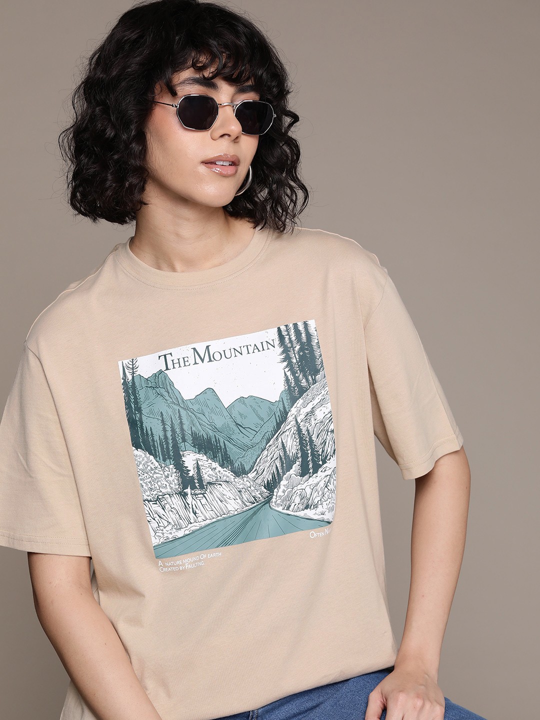 

The Roadster Lifestyle Co. Women Printed Pure Cotton Longline T-shirt, Beige