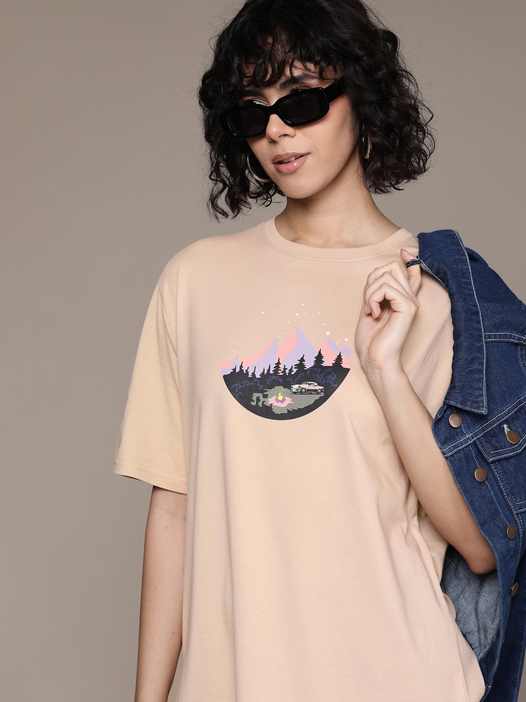 

The Roadster Lifestyle Co. Women Printed Pure Cotton Oversized T-shirt, Beige