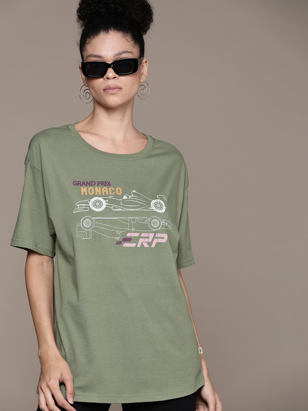 

The Roadster Lifestyle Co. Women Printed Pure Cotton Oversized T-shirt, Olive