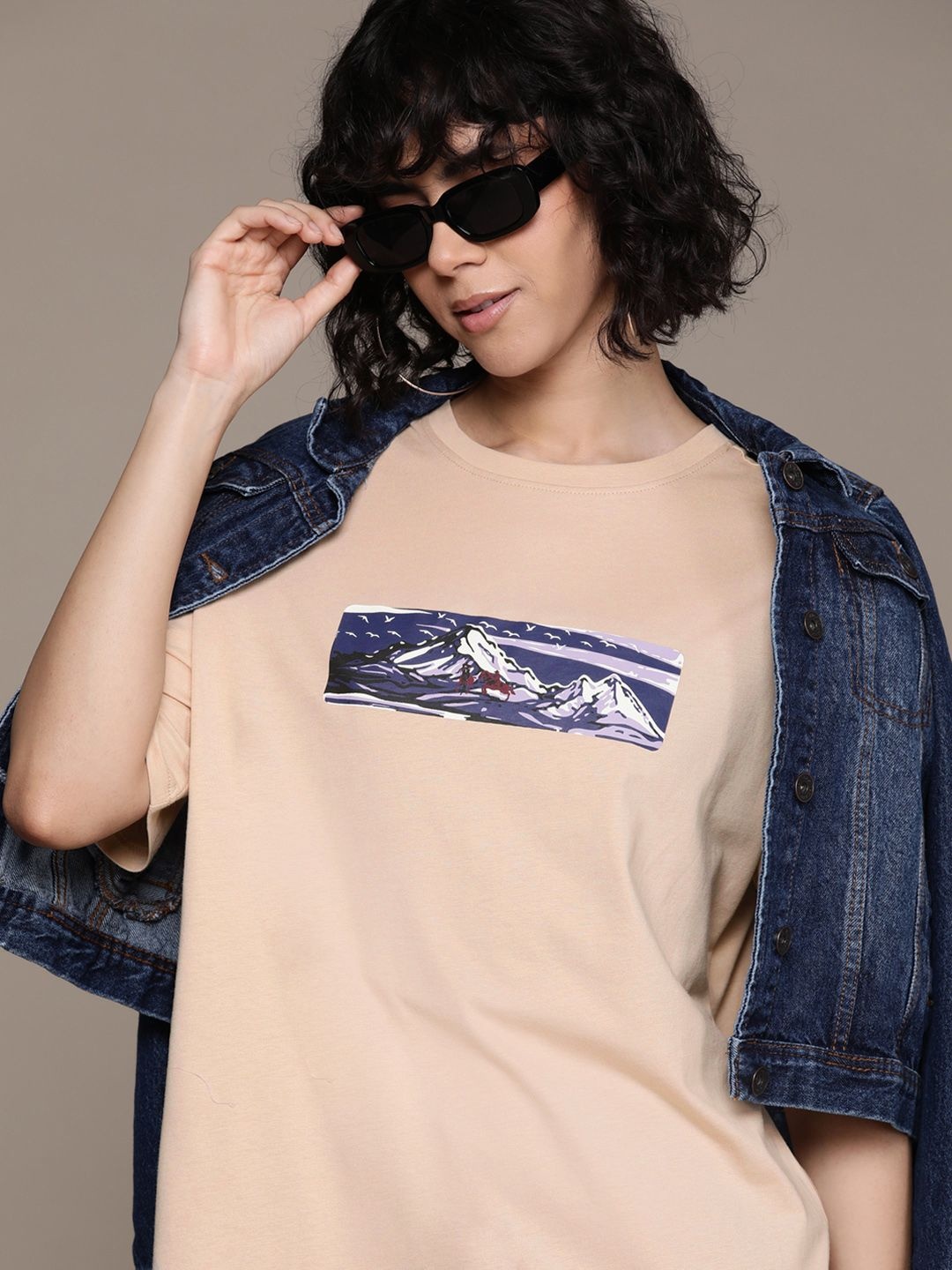 

The Roadster Lifestyle Co. Women Printed Pure Cotton Oversized T-shirt, Beige