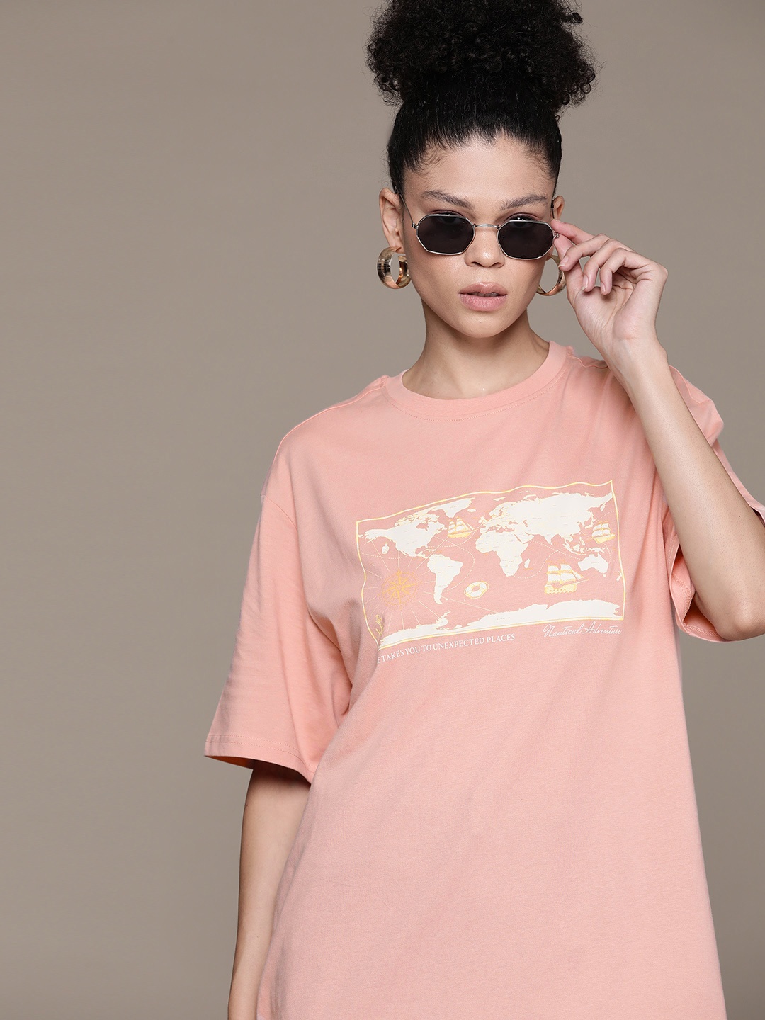 

The Roadster Lifestyle Co. Women Printed Pure Cotton Oversized T-shirt, Pink