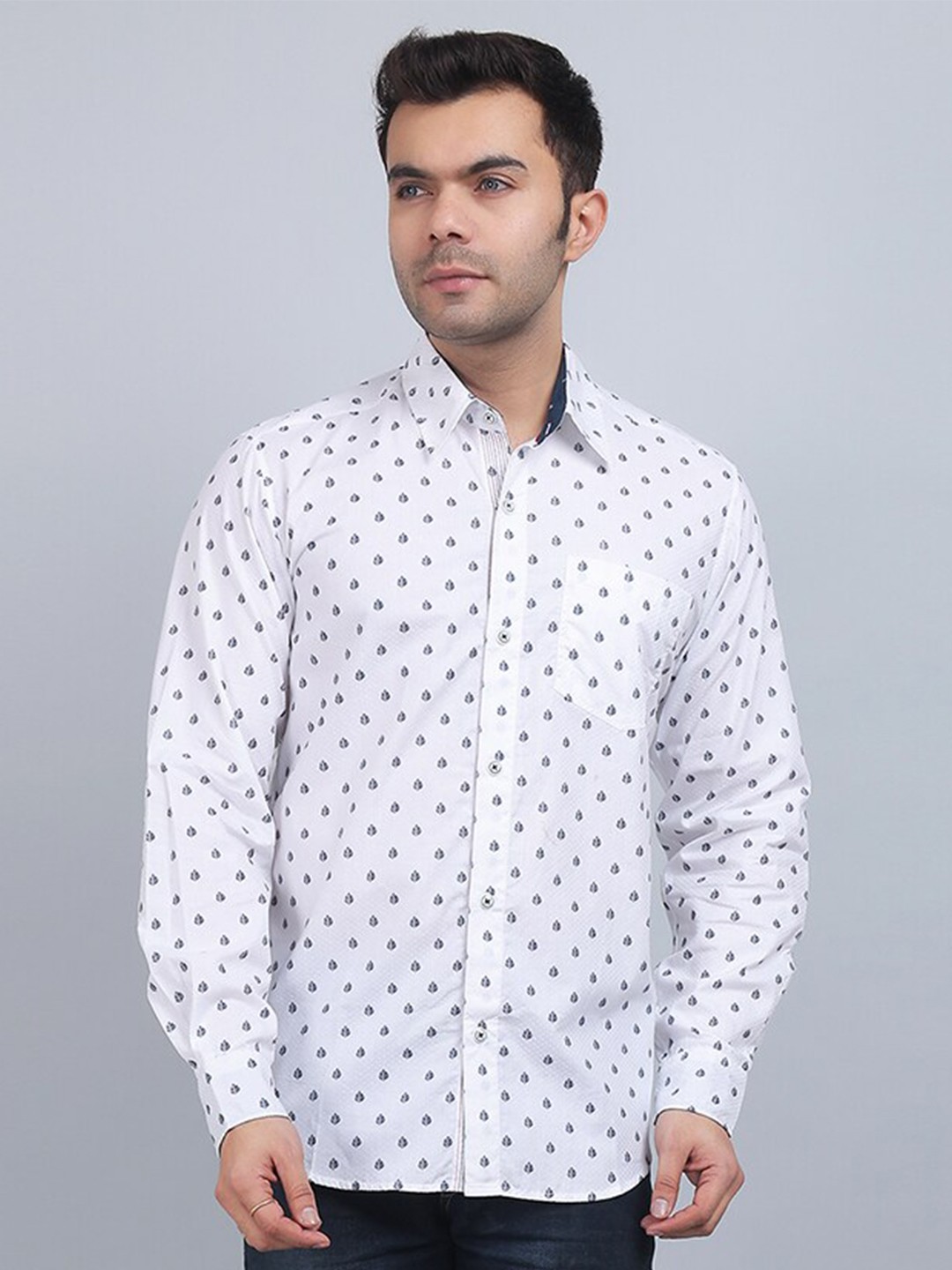 

Spring Soul Spread Collar Long Sleeves Ethnic Printed Cotton Casual Shirt, White