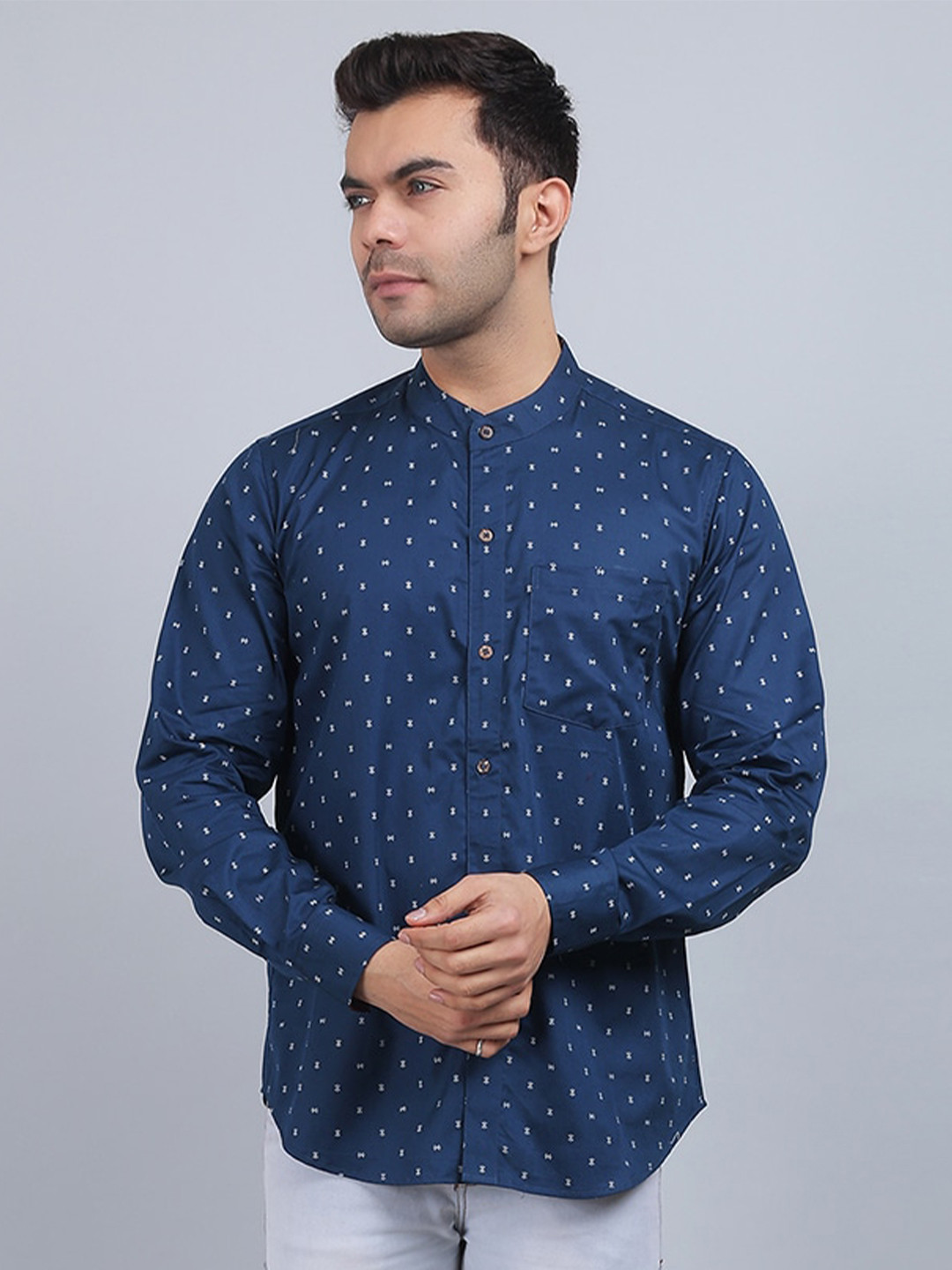 

Spring Soul Micro Ditsy Printed Cotton Straight Regular Fit Opaque Casual Shirt, Navy blue