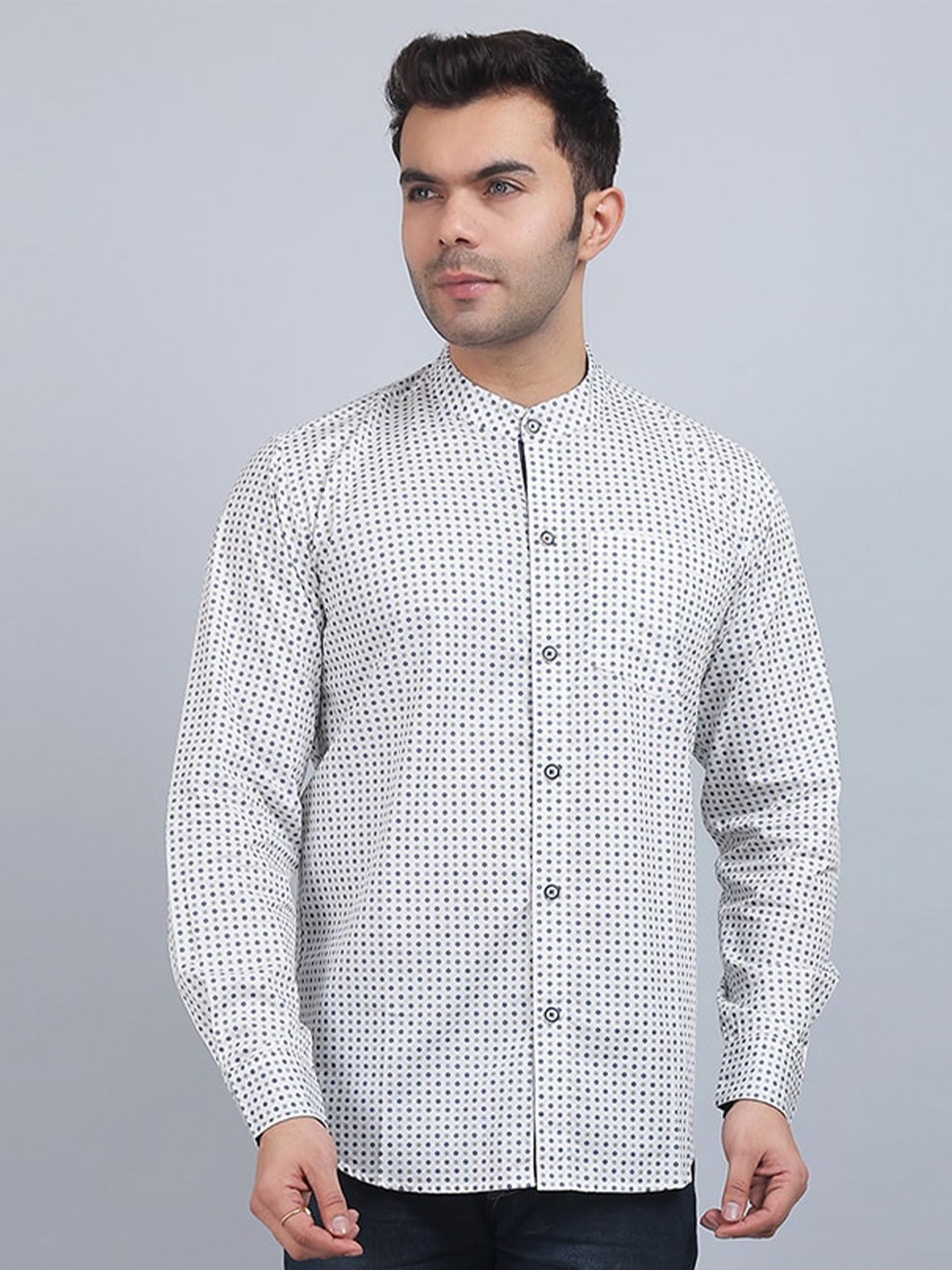 

Spring Soul Mandarin Collar Long Sleeves Printed Cotton Casual Shirt, White