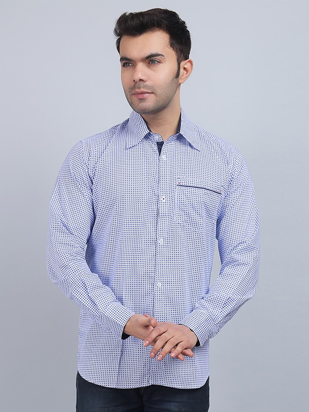 

Spring Soul Spread Collar Long Sleeves Grid Tattersall Checks Cotton Casual Shirt, White