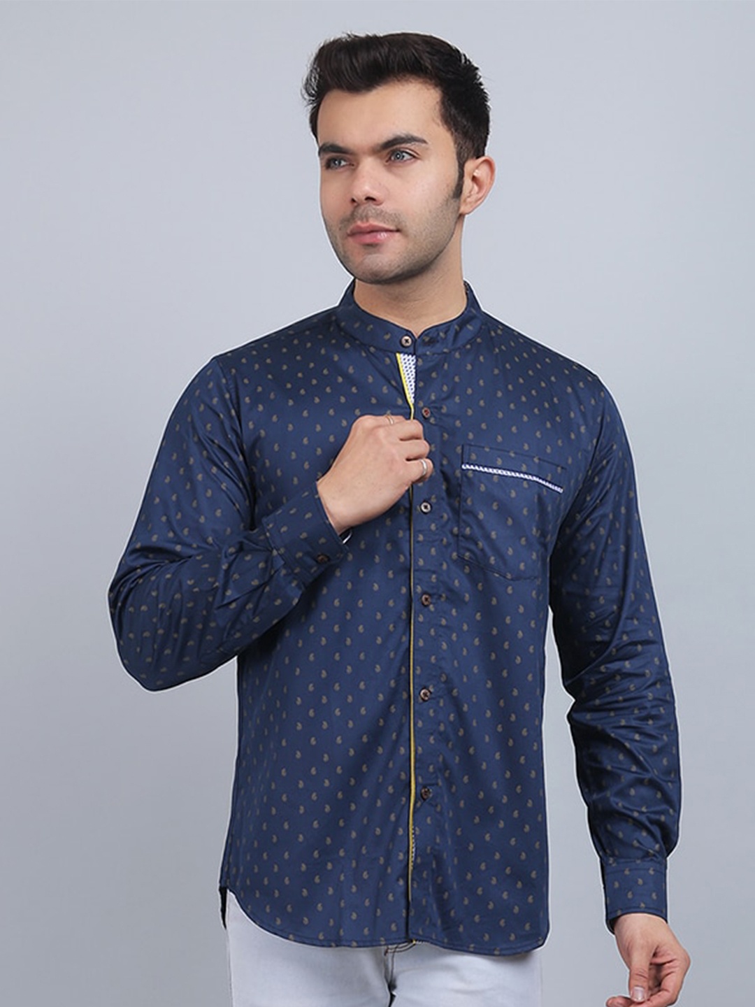 

Spring Soul Ethnic Motifs Printed Cotton Straight Regular Fit Opaque Casual Shirt, Navy blue