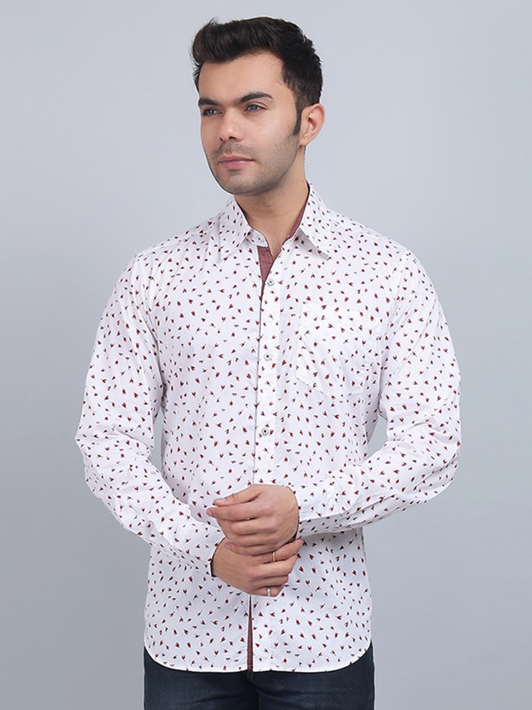 

Spring Soul Spread Collar Long Sleeves Floral Printed Cotton Casual Shirt, White