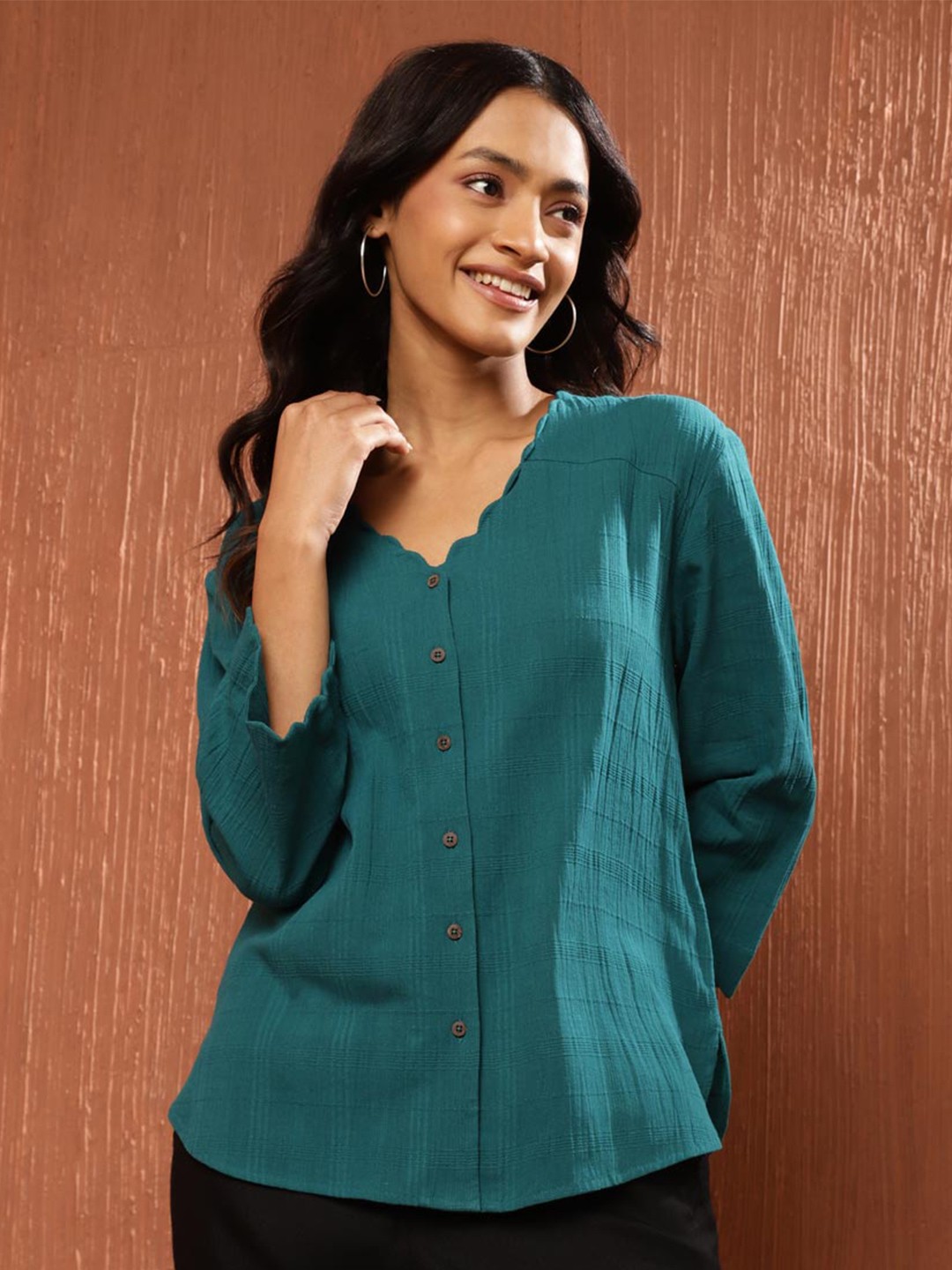 

Fabindia Textured Cotton Collarless Casual Shirt, Blue