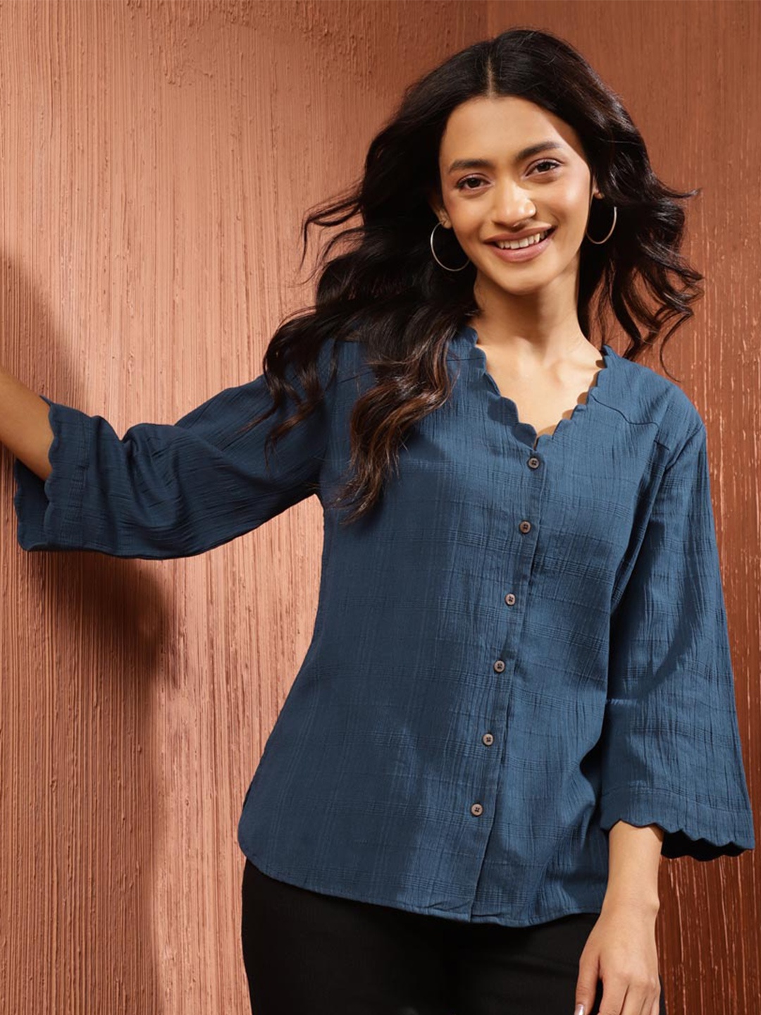 

Fabindia Textured Cotton Collarless Casual Shirt, Blue