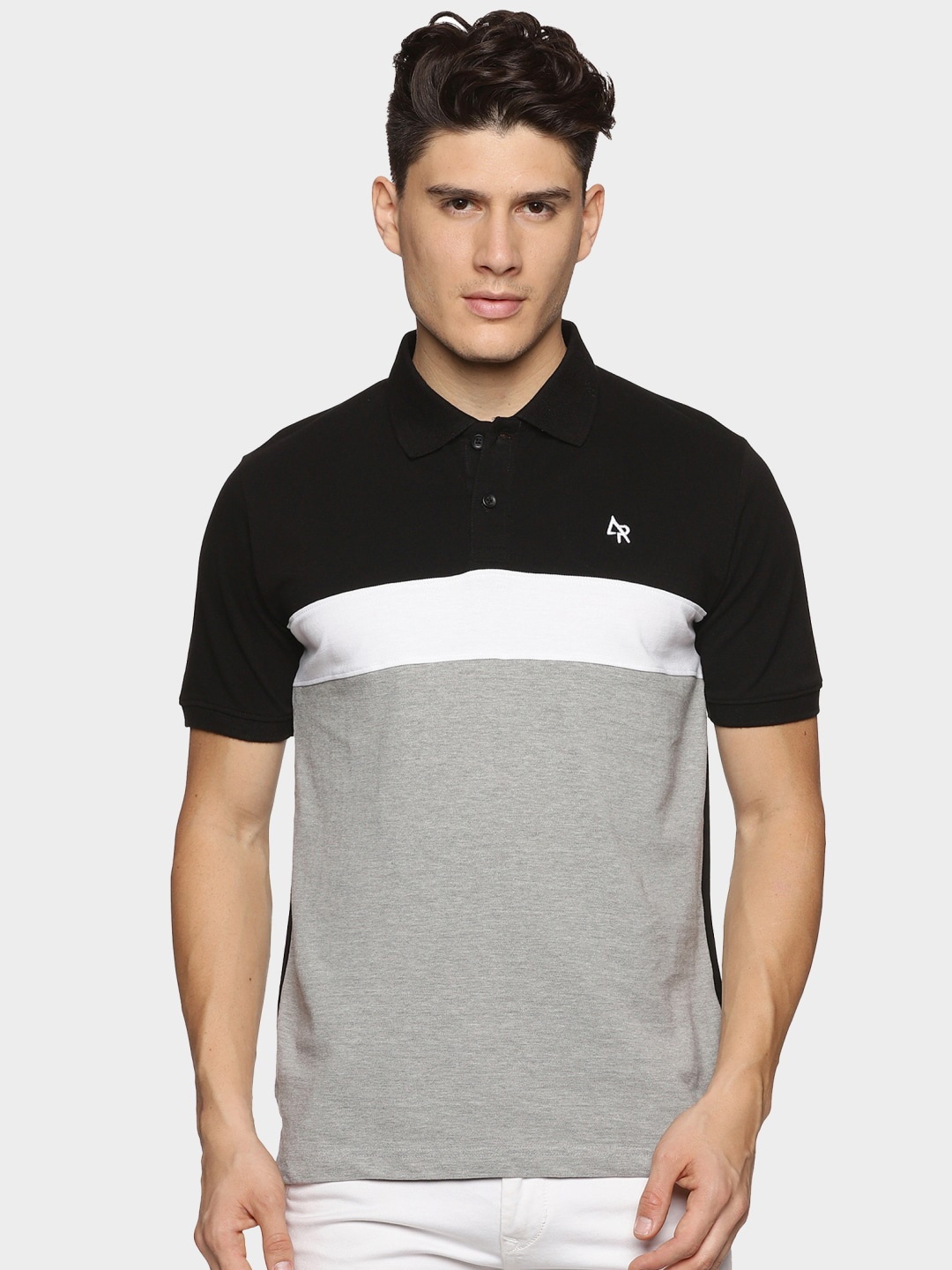 

ADRO Colourblocked Cotton Polo Collar T-shirt, Grey