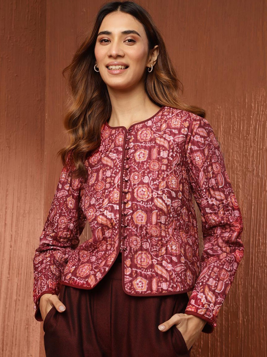 

Fabindia Ethnic Motifs Printed Quilted Jacket, Burgundy