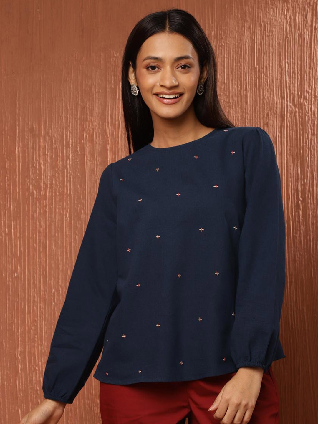 

Fabindia Round Neck Embellished Cotton Top, Blue