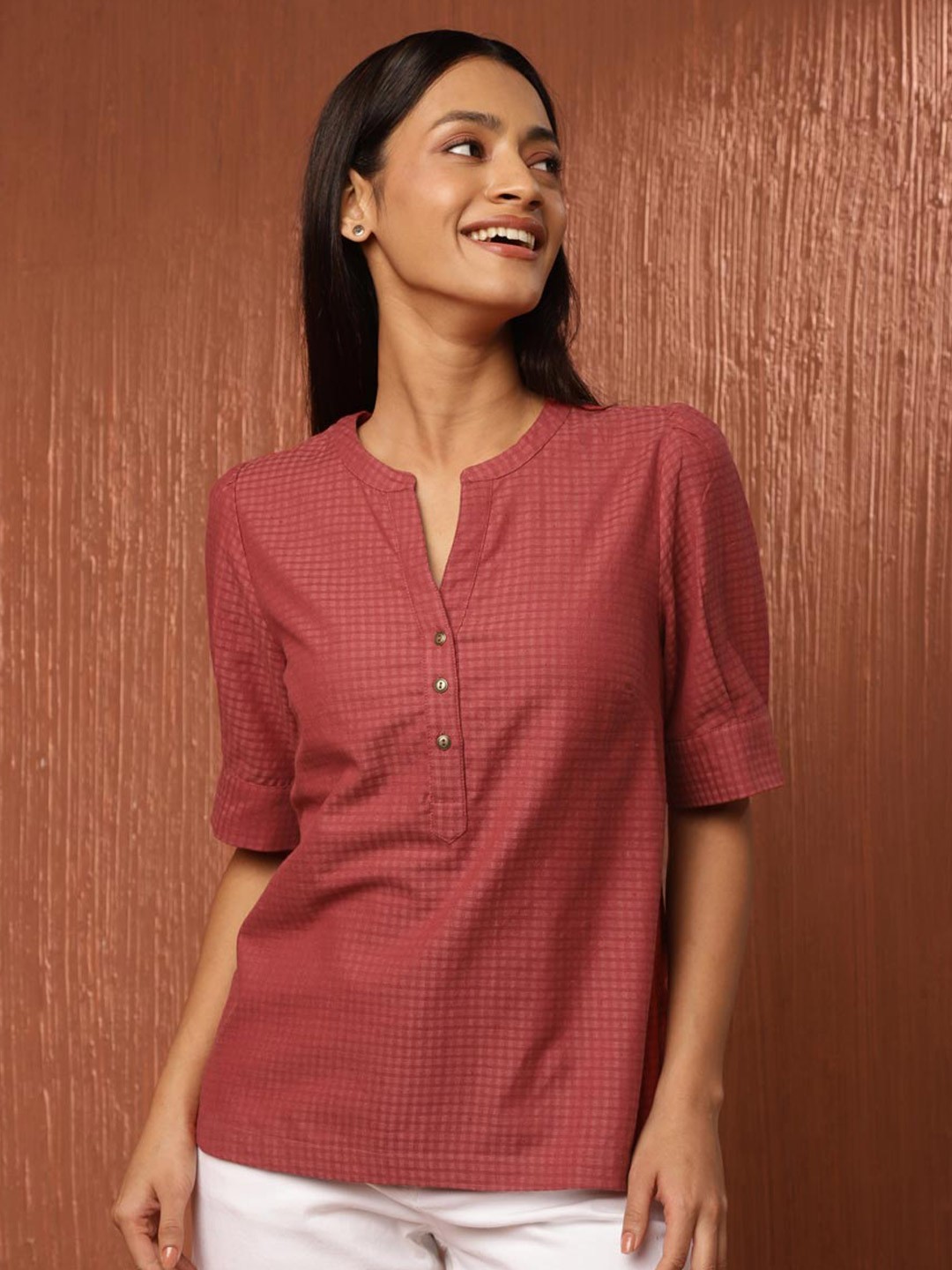 

Fabindia Mandarin Collar Cotton Shirt Style Top, Red