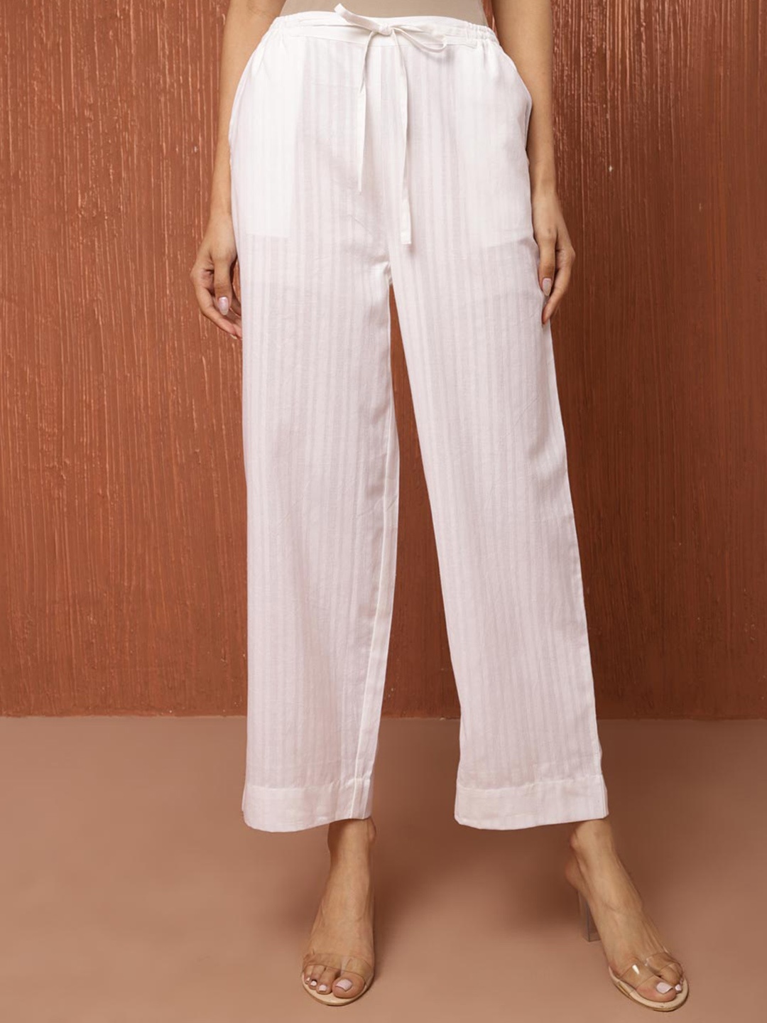

Fabindia Women Striped Ankle Length Casual Cotton Pant, White