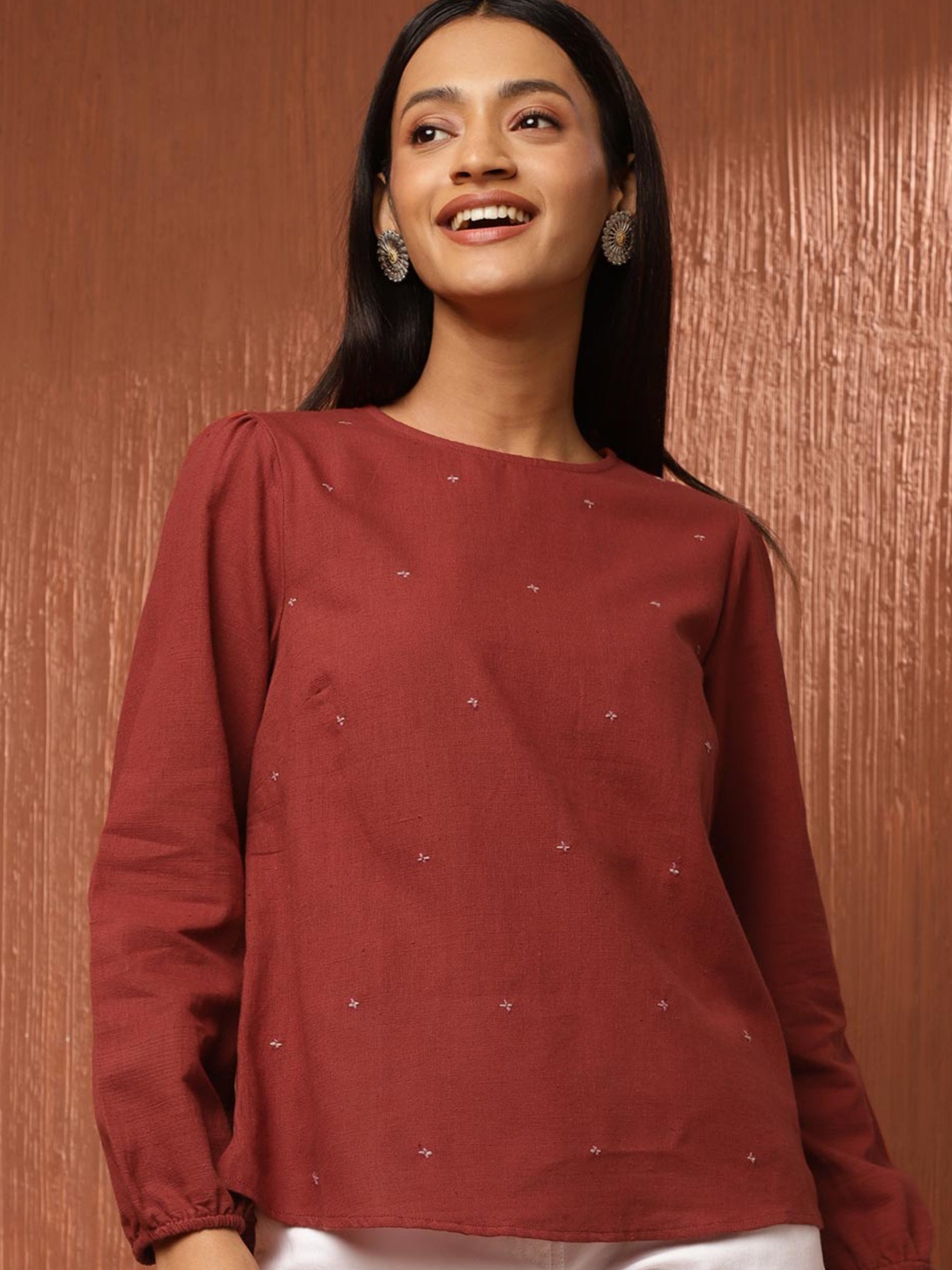 

Fabindia Round Neck Embellished Cotton Top, Red