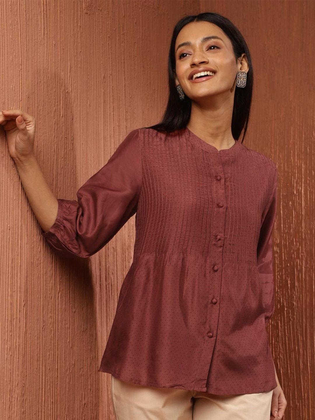 

Fabindia Mandarin Collar Cuffed Sleeves Shirt Style Top, Copper