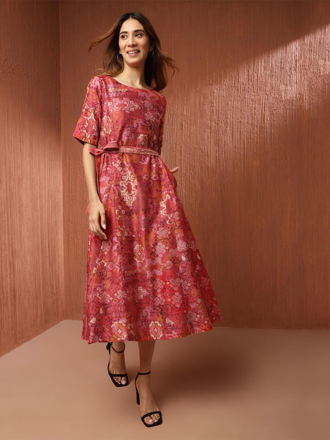 

Fabindia Floral Print Cotton Silk Fit and Flare Midi Dress, Red