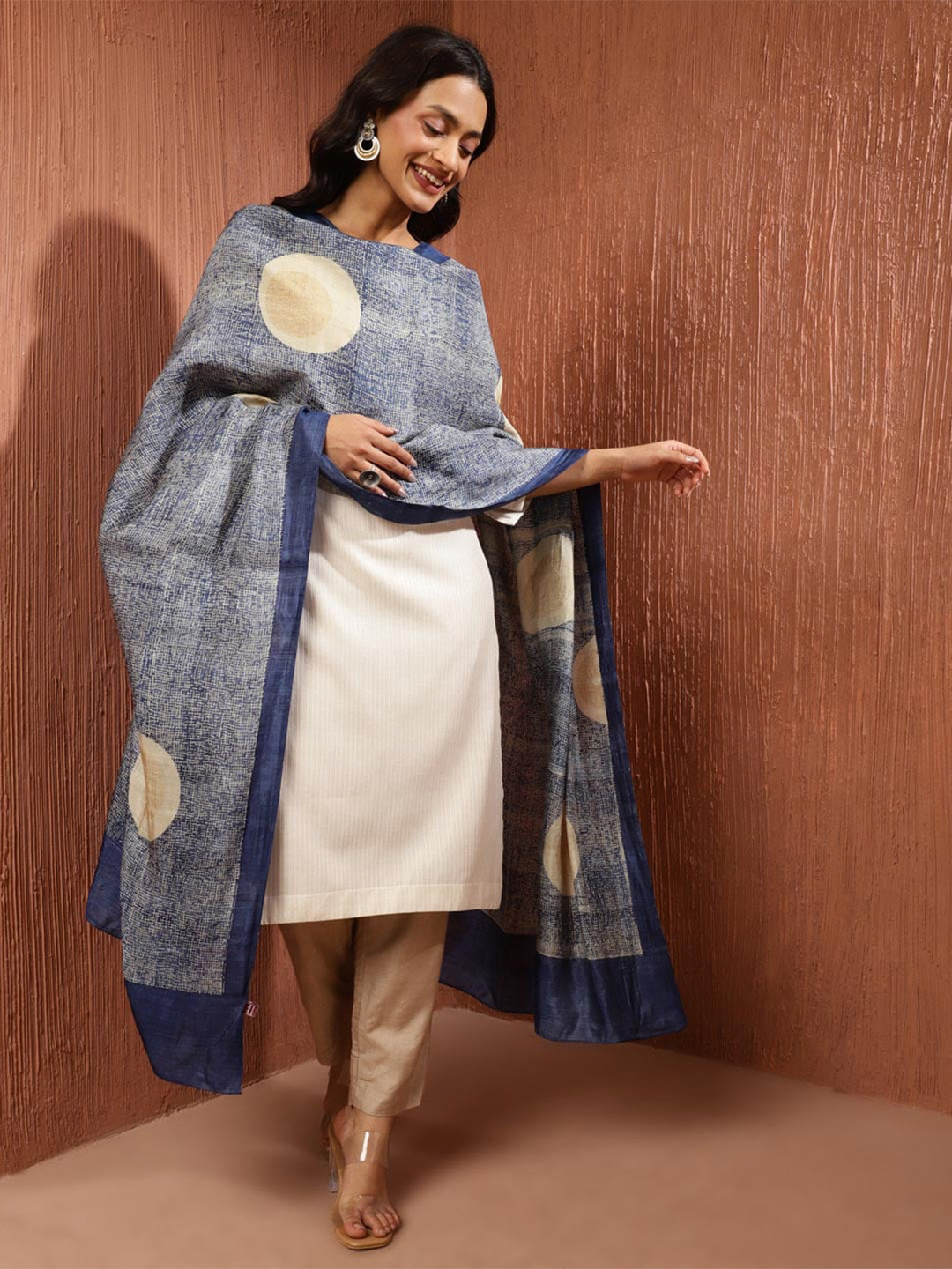 

Fabindia Blue Geometric Printed Silk Dupatta