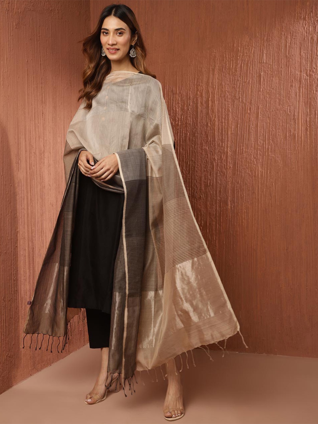 

Fabindia Striped Cotton Silk Dupatta with Zari, Beige