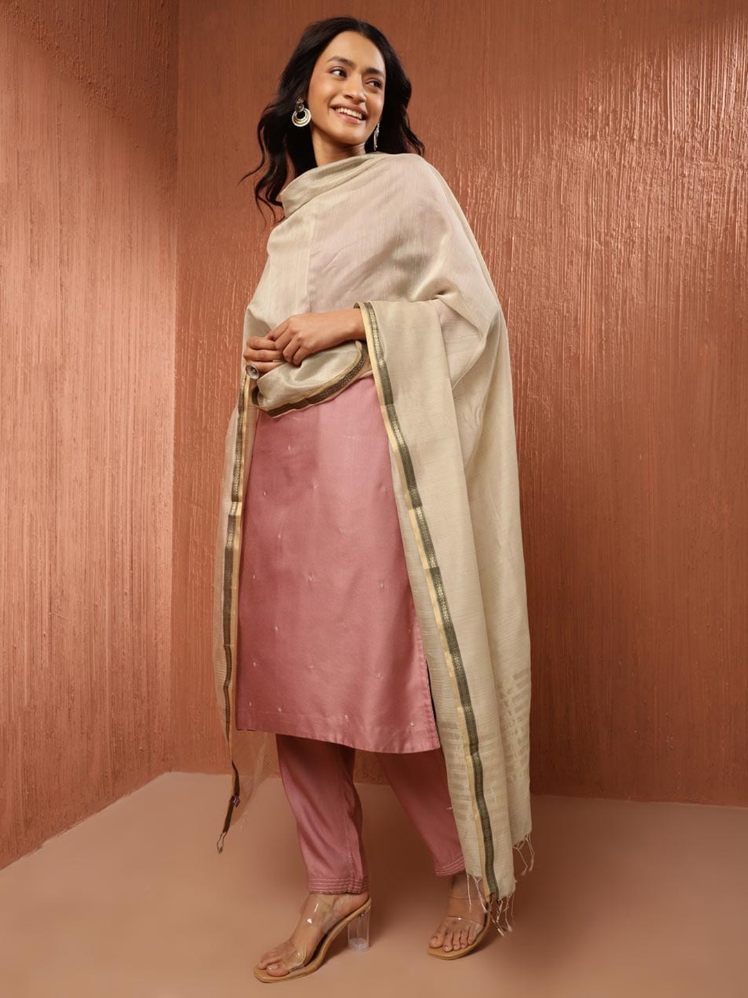 

Fabindia Beige Striped Tasselled Cotton Silk Dupatta