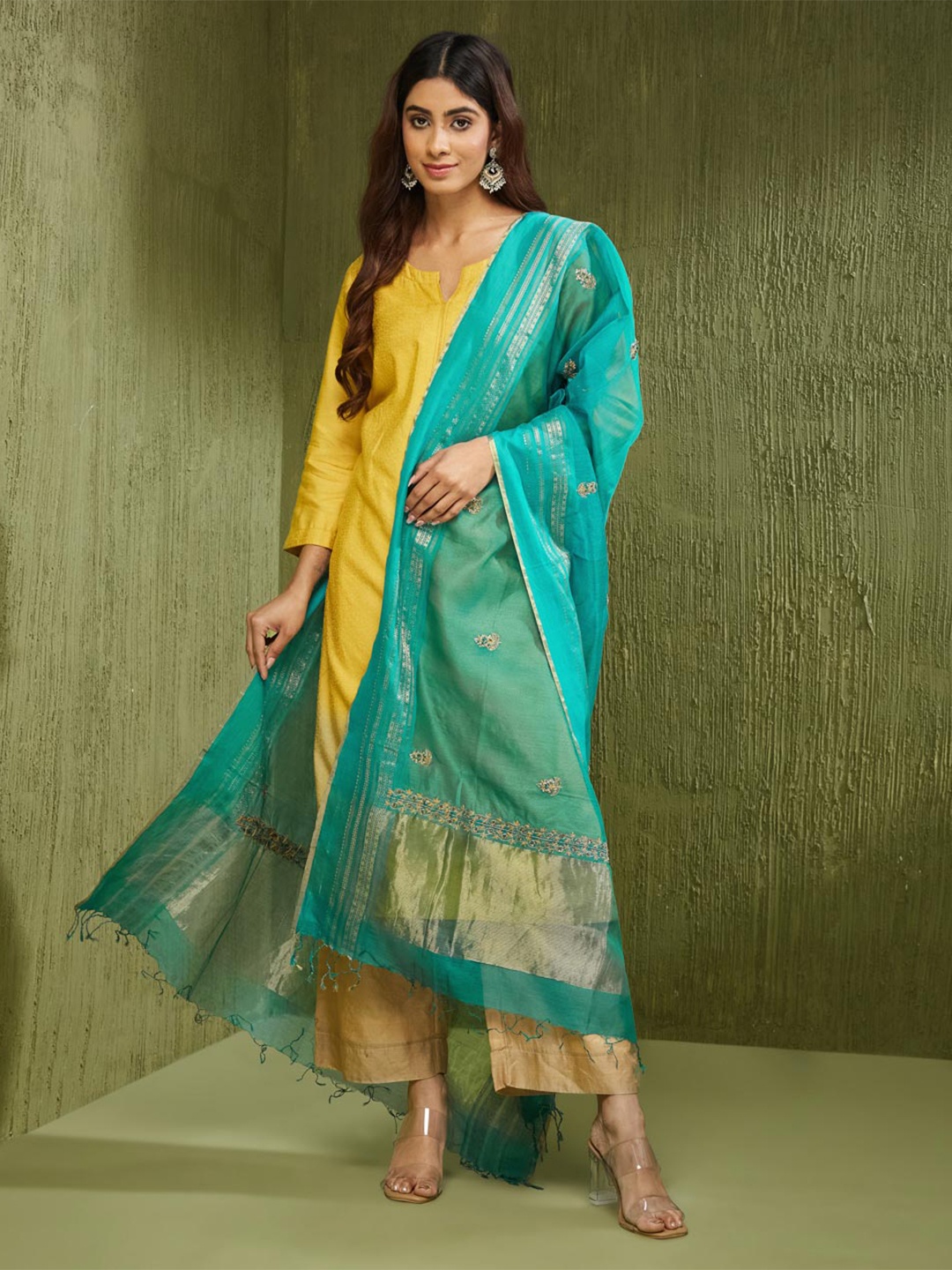

Fabindia Ethnic Motifs Woven Design Cotton Silk Dupatta, Teal