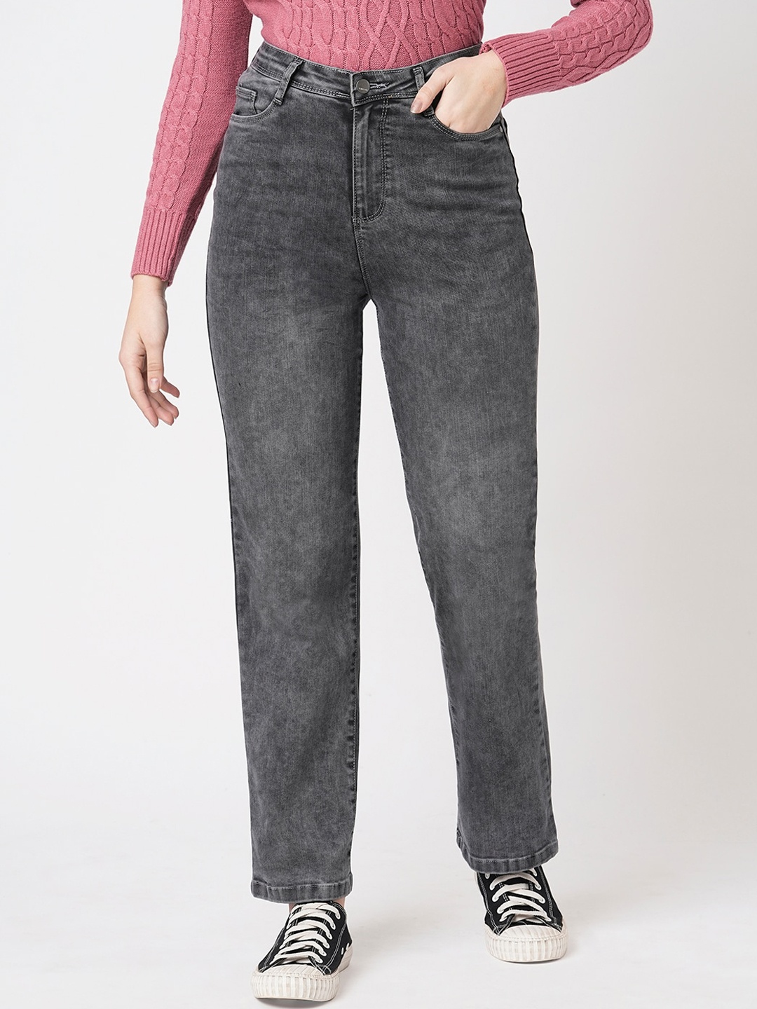 

Kraus Jeans Women Straight Fit High-Rise Light Fade Stretchable Jeans, Grey