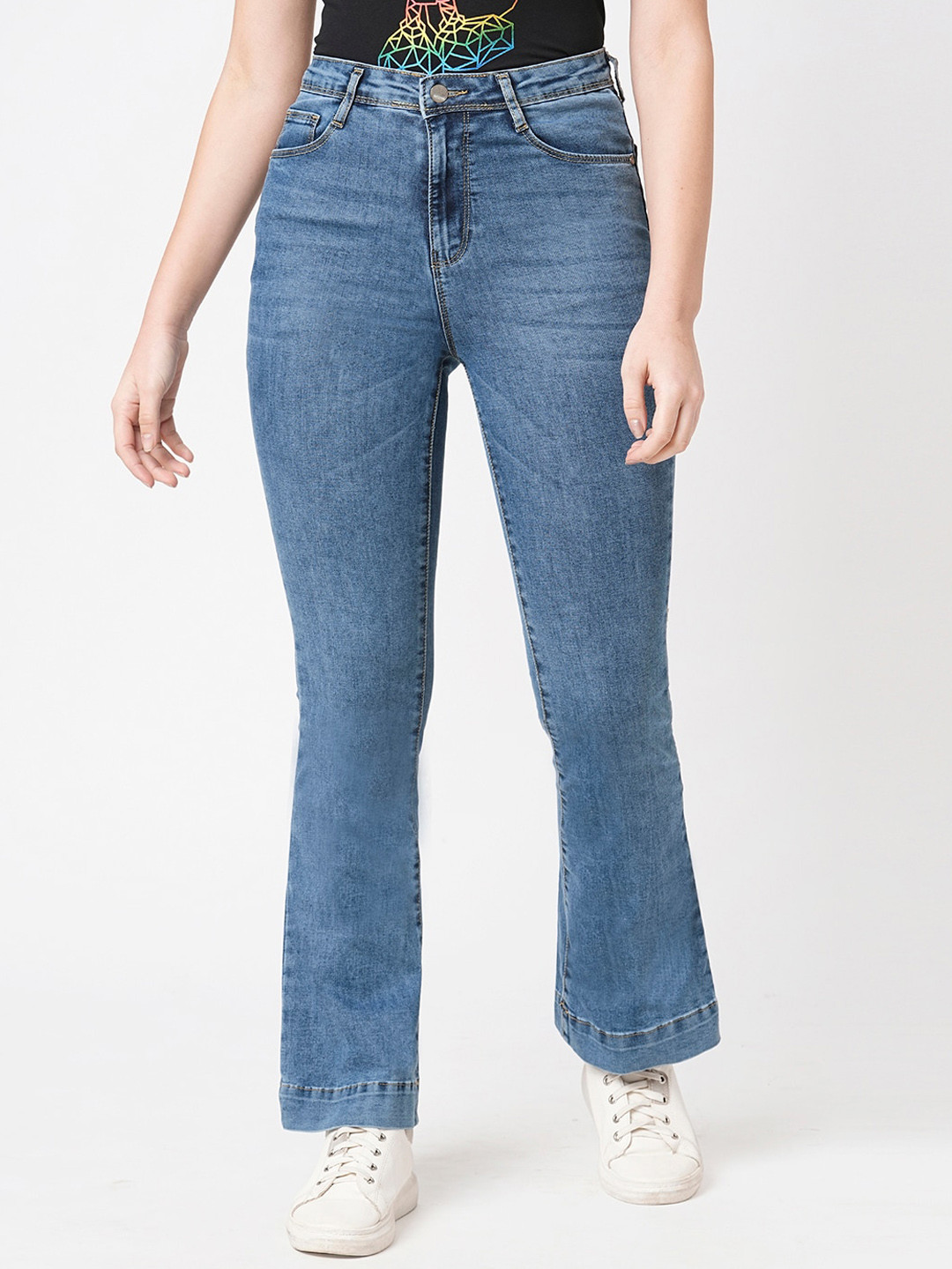 

Kraus Jeans Women Flared High-Rise Light Fade Clean Look Stretchable Jeans, Blue